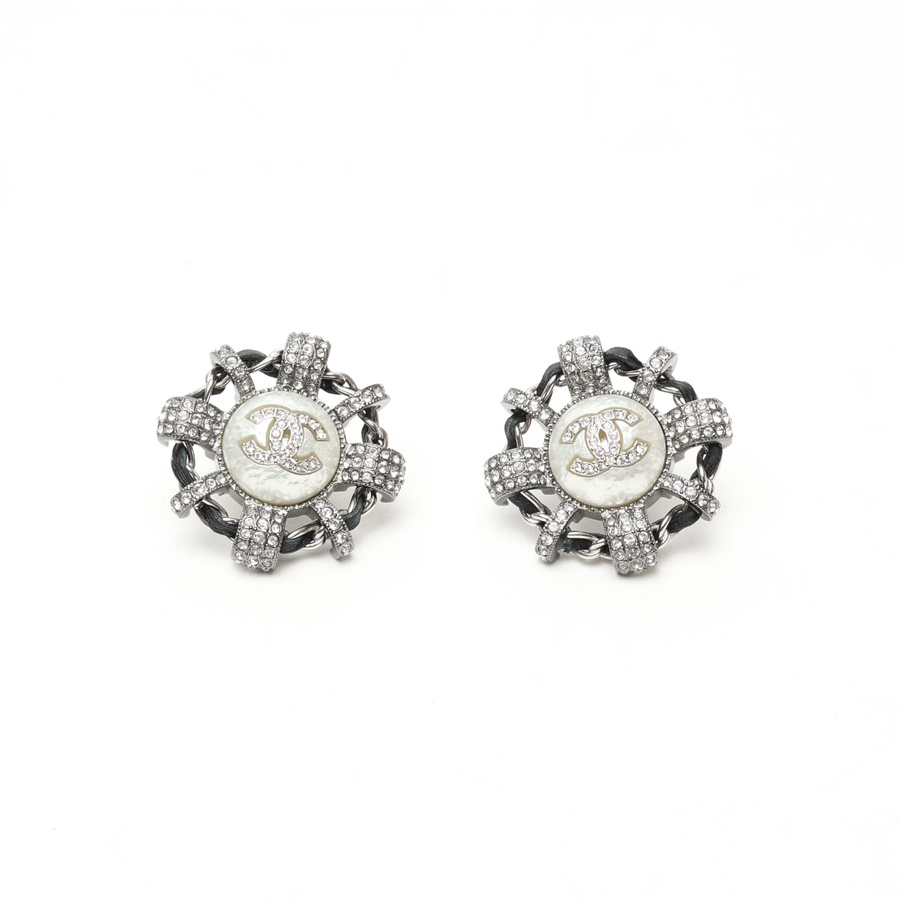 CHANEL COCO Mark rhinestone Earring Binaural Accessories A11V Silver