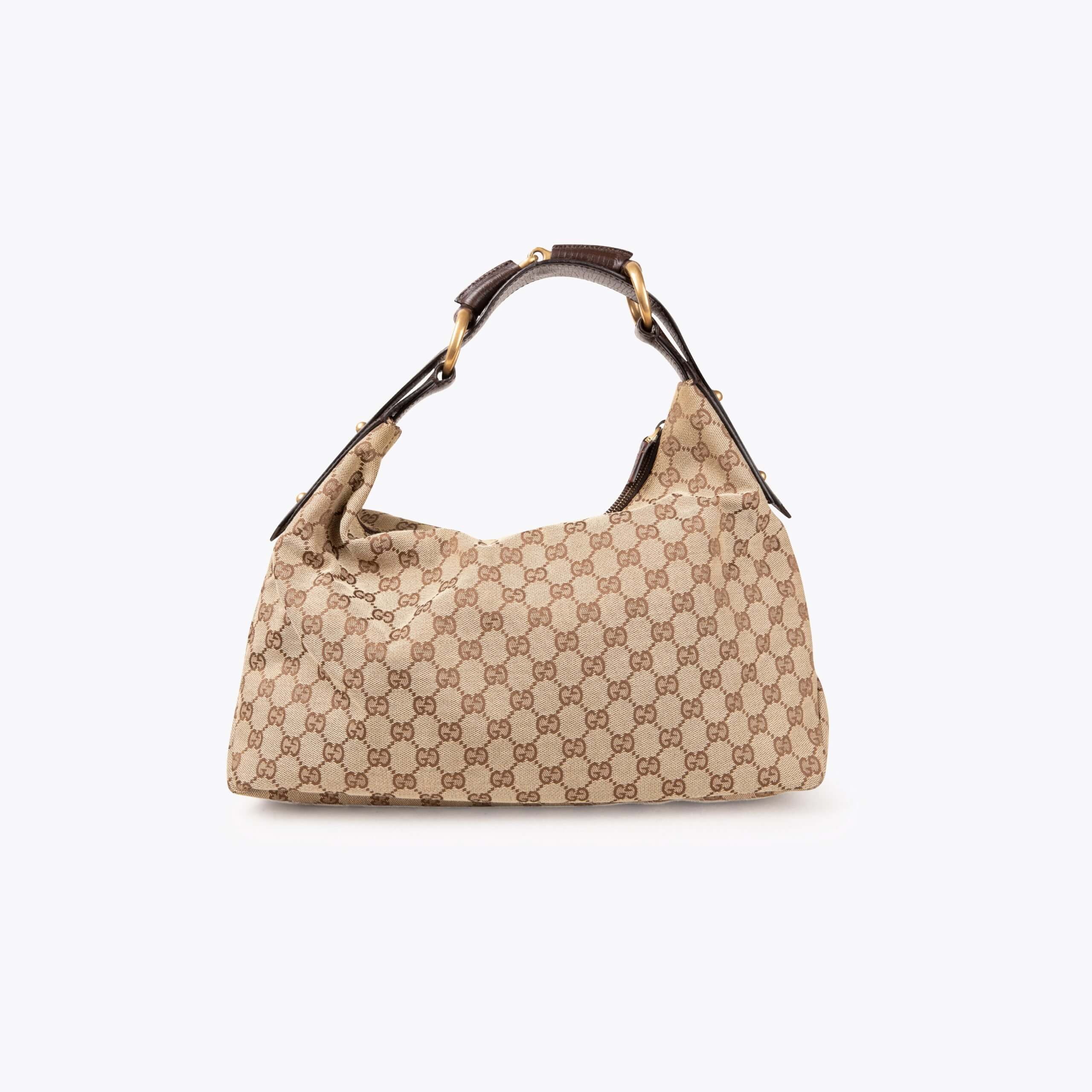 GUCCI Horsebit Hobo Canvas Handbag