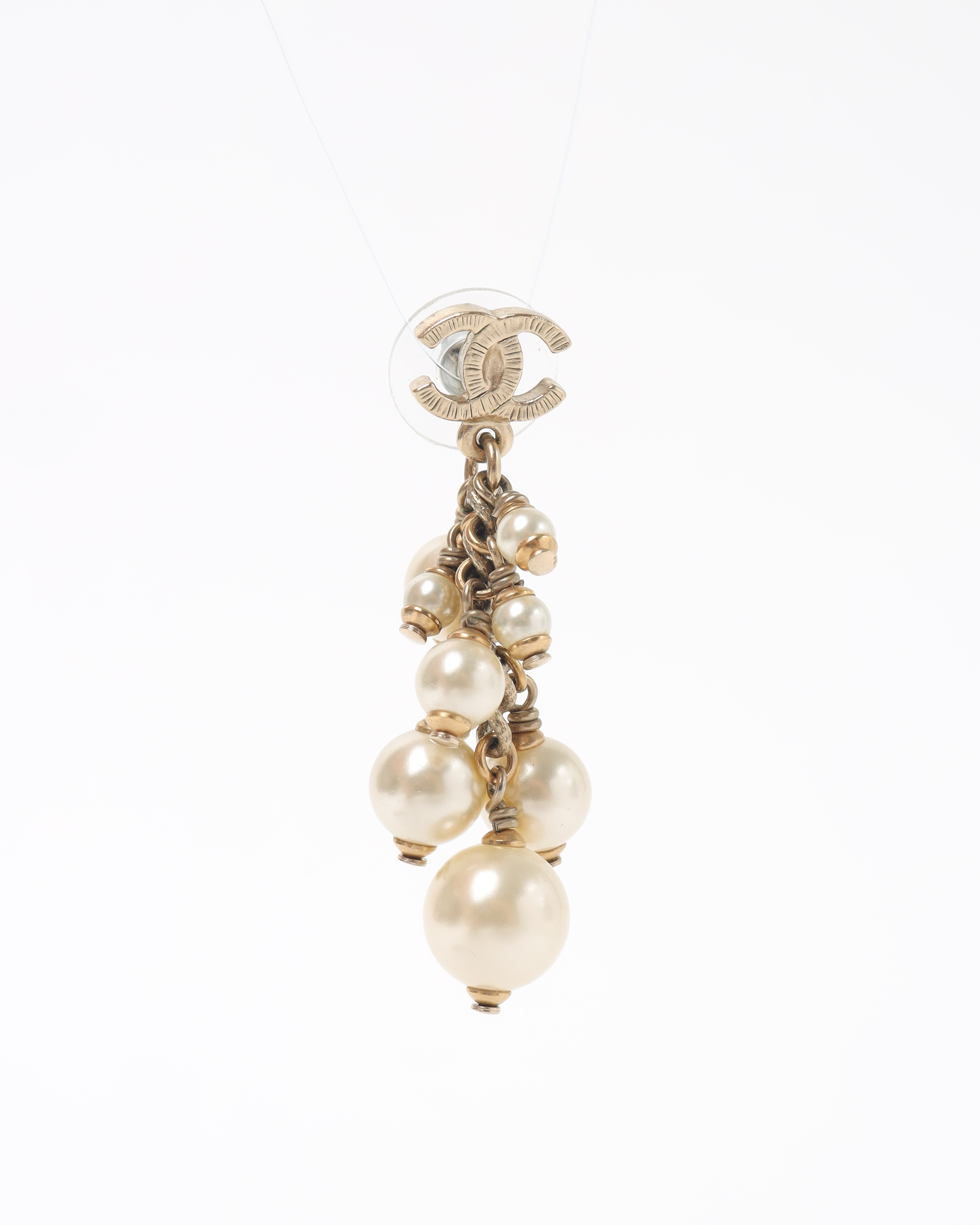 Pre-owned Chanel Coco Mark Faux Pearl Charm Earrings In Silver