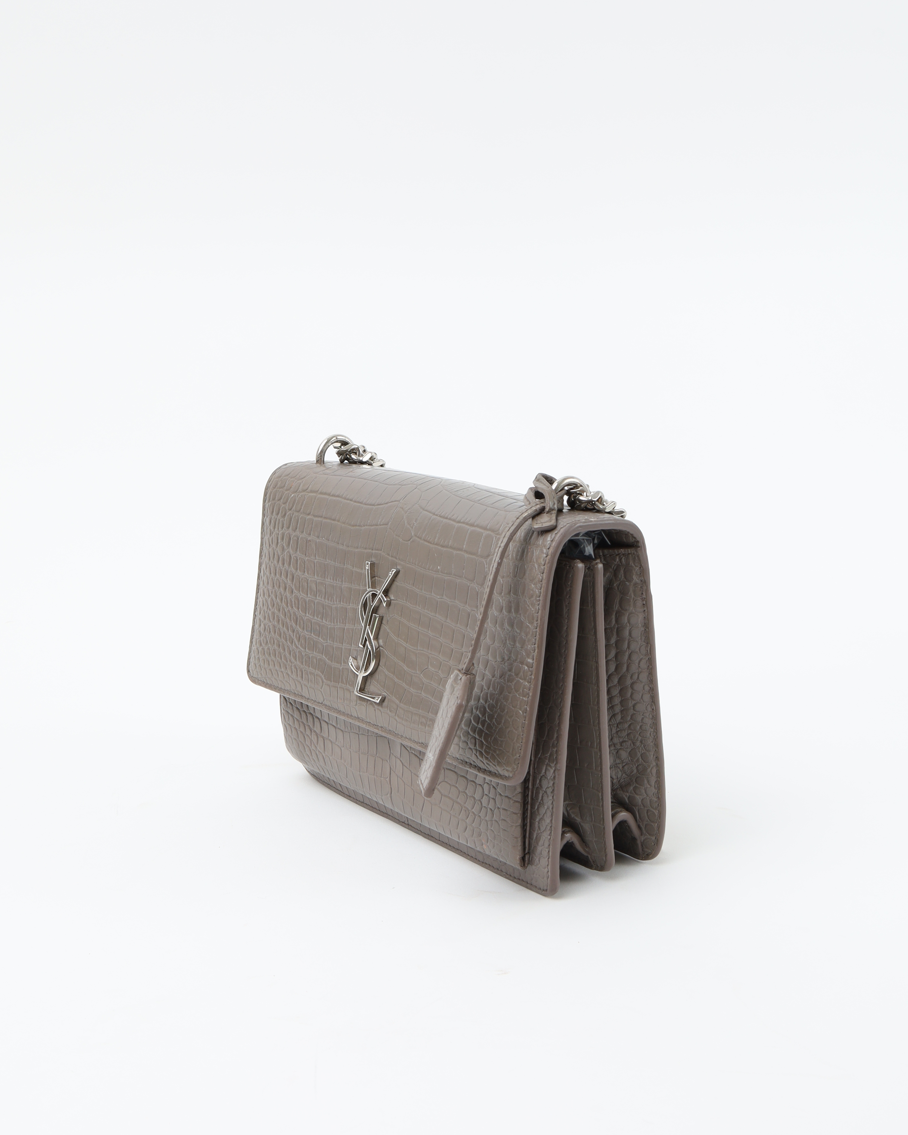 Saint Laurent Croc Medium Sunset Bag In Gray