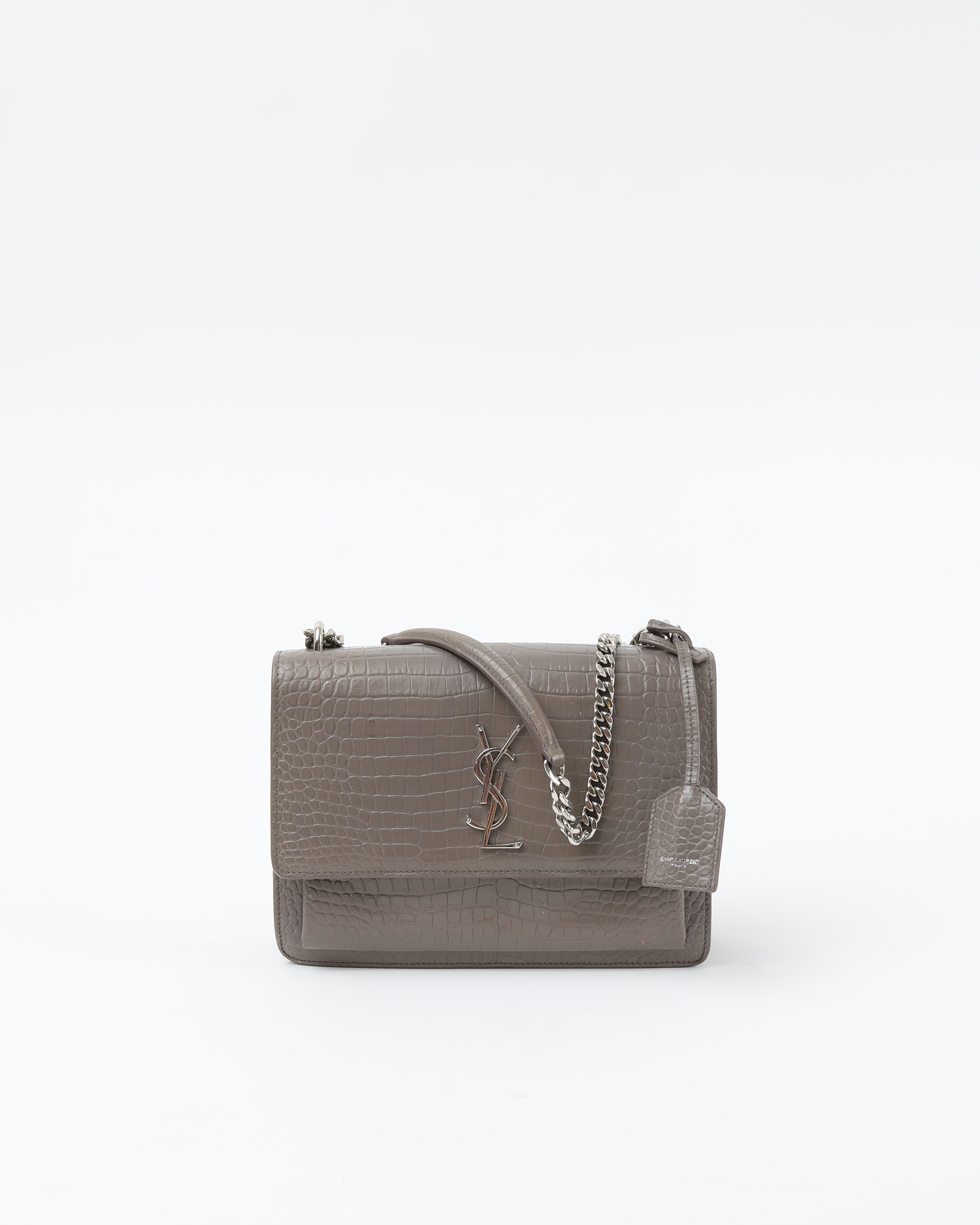 Saint Laurent Croc Medium Sunset Bag In Gray