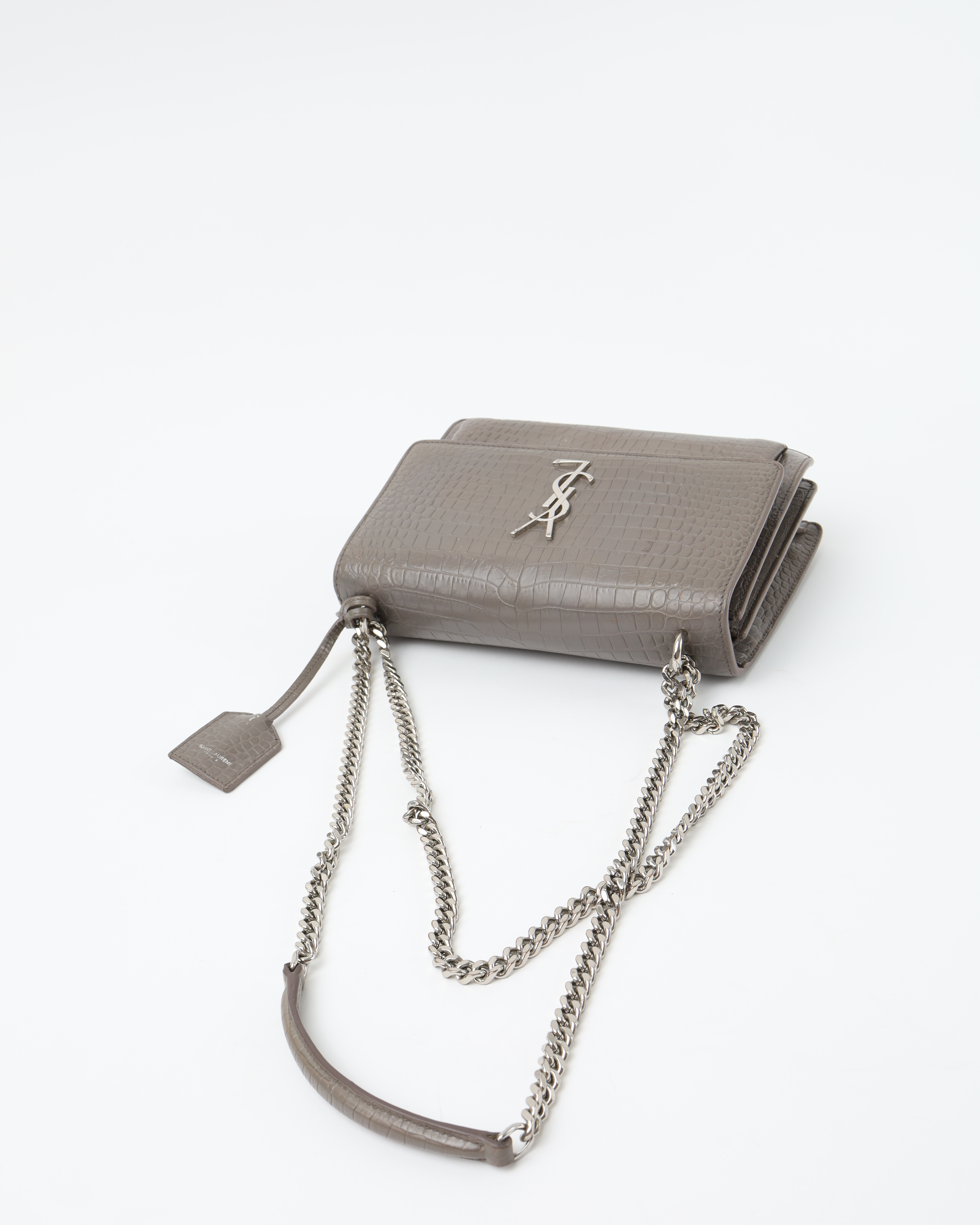 Saint Laurent Croc Medium Sunset Bag In Gray
