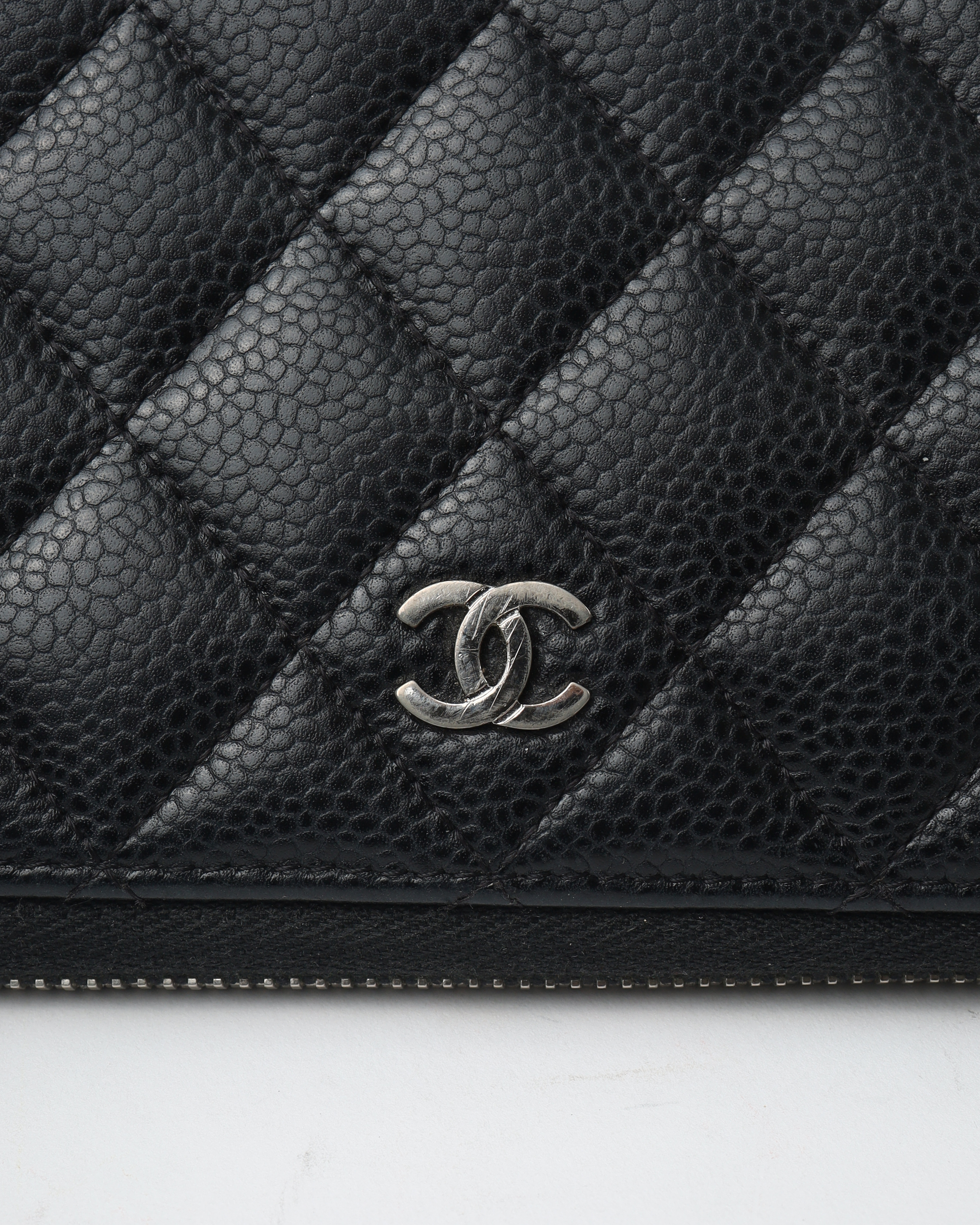 Pre-owned Chanel Caviar Long Zip Around Wallet In Black
