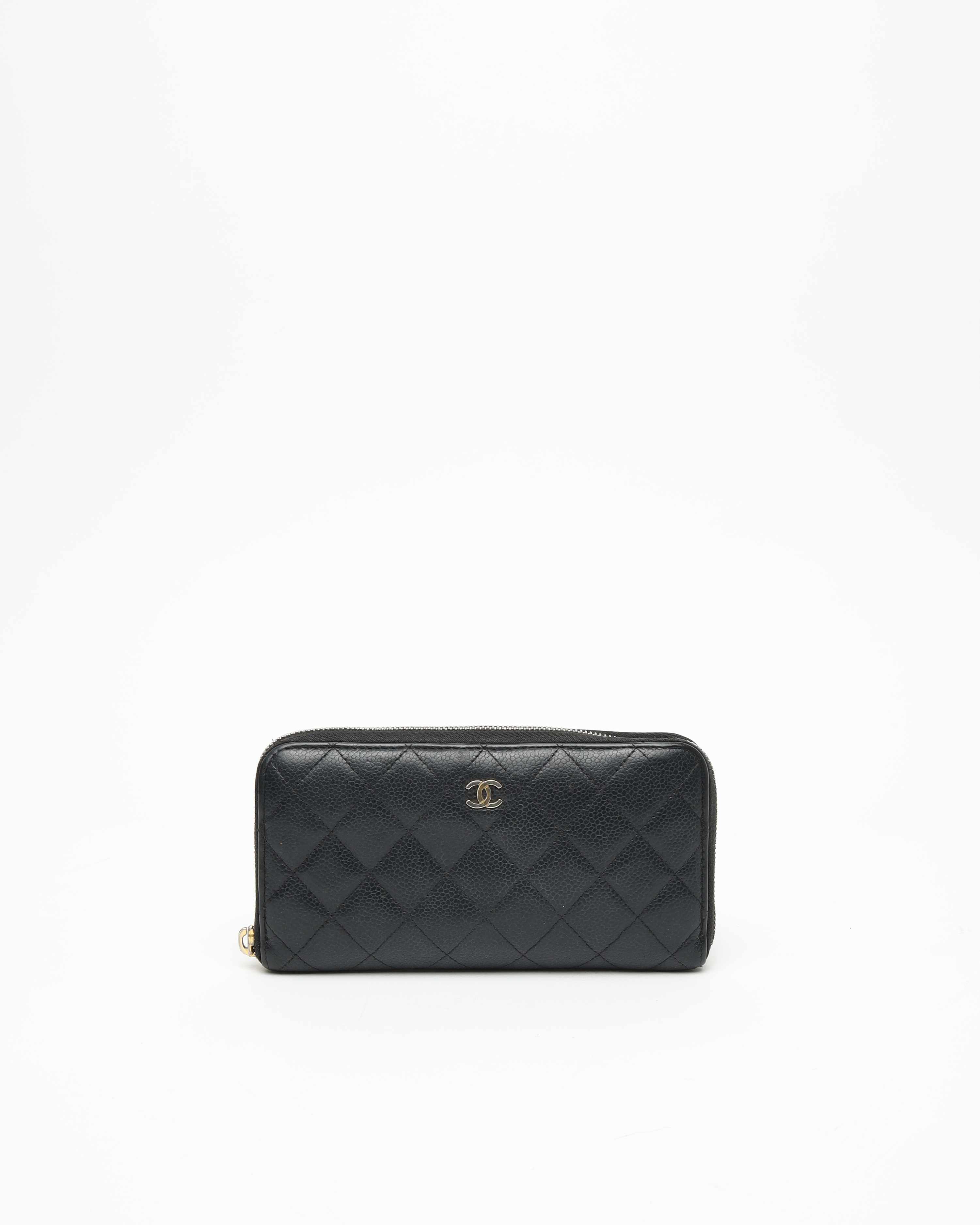 Pre-owned Chanel Long Caviar Zip Around Wallet In Black