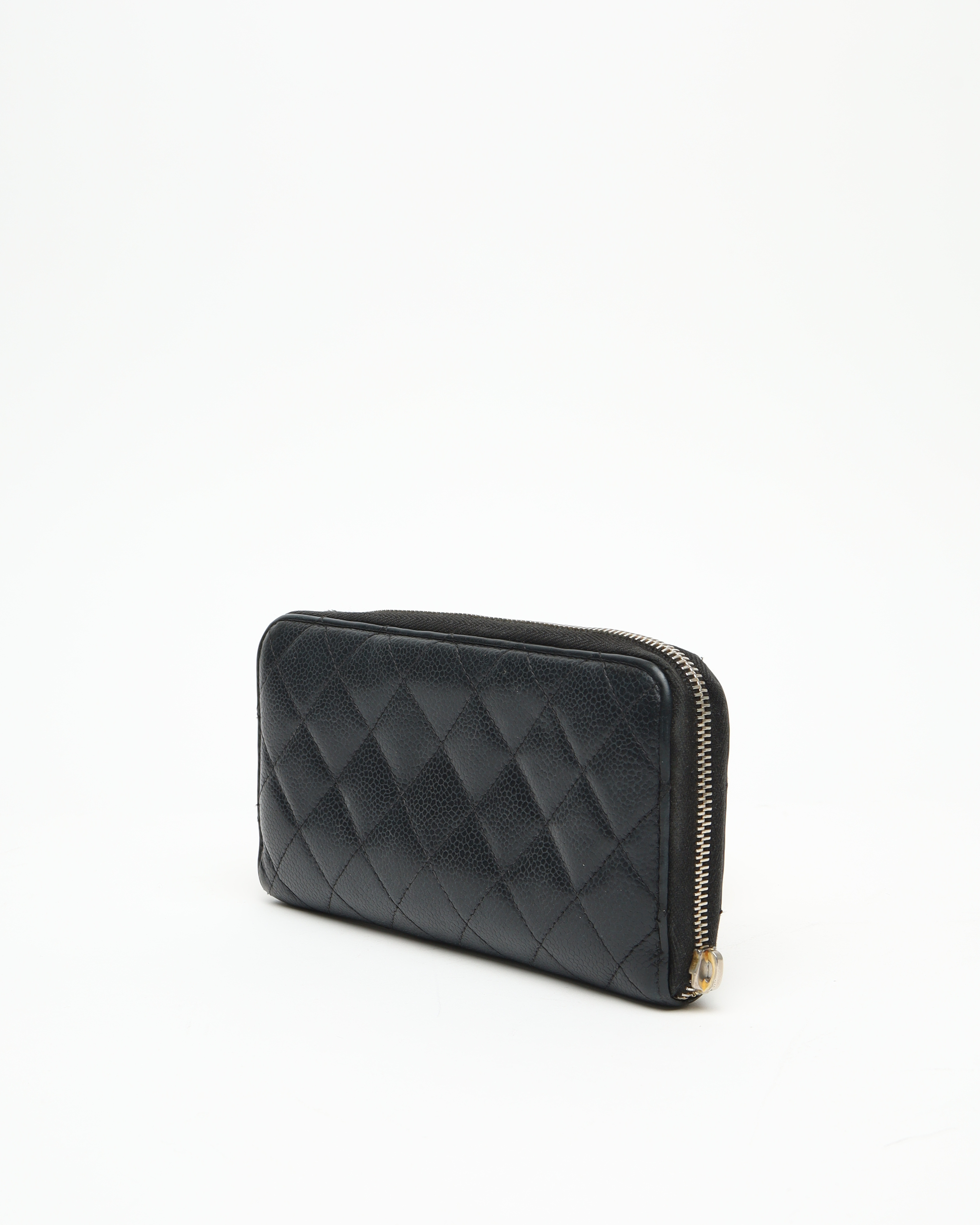 Pre-owned Chanel Long Caviar Zip Around Wallet In Black