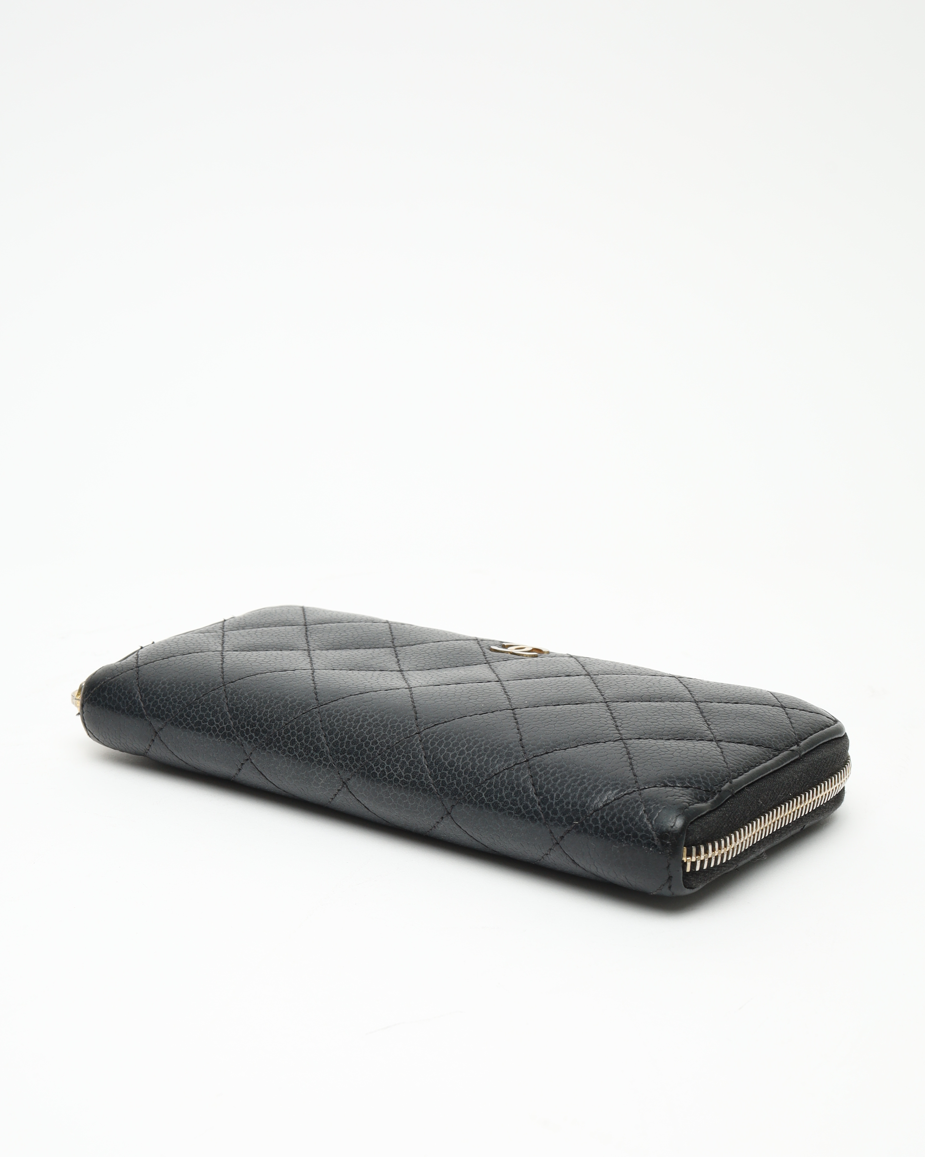 Pre-owned Chanel Long Caviar Zip Around Wallet In Black