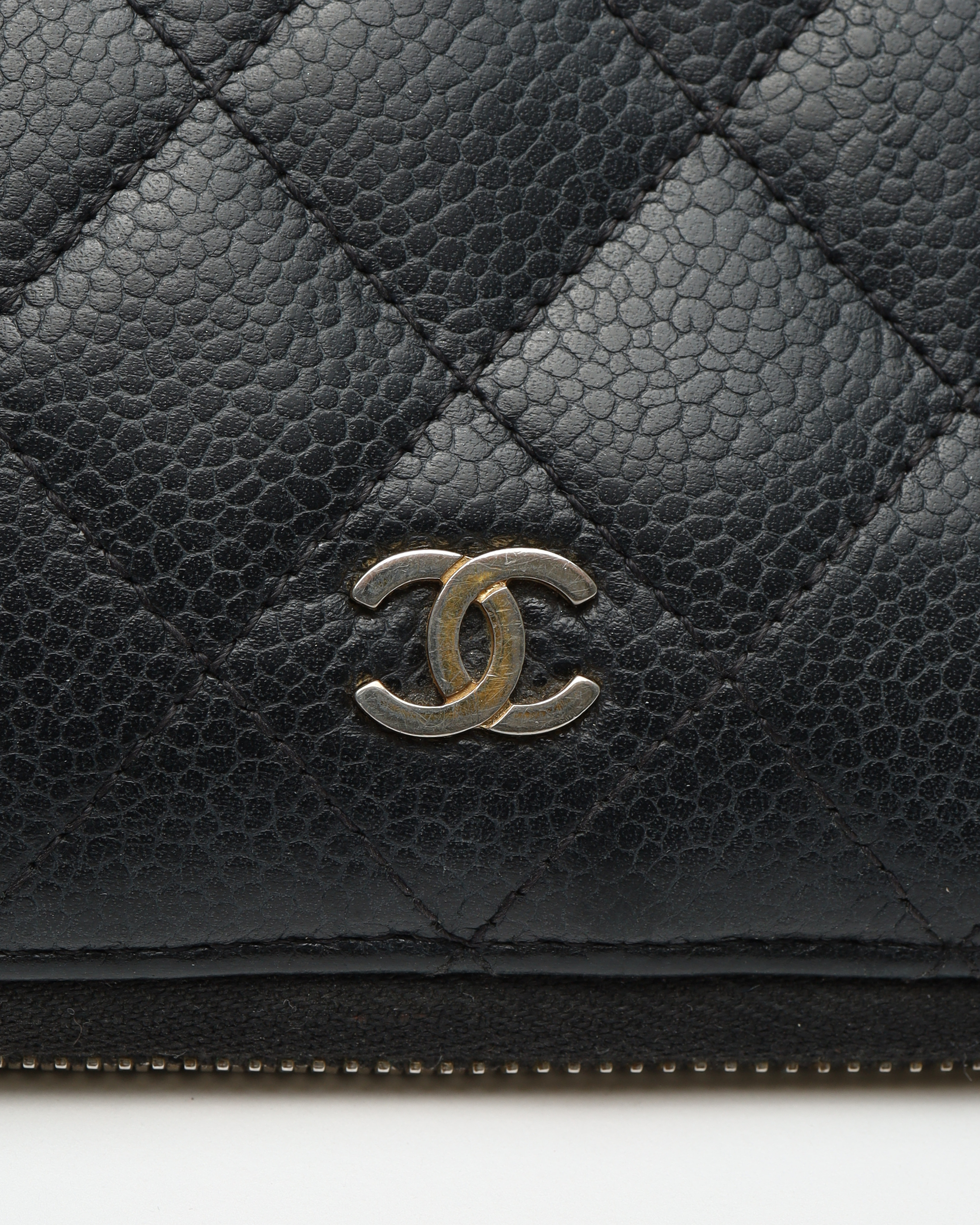 Pre-owned Chanel Long Caviar Zip Around Wallet In Black