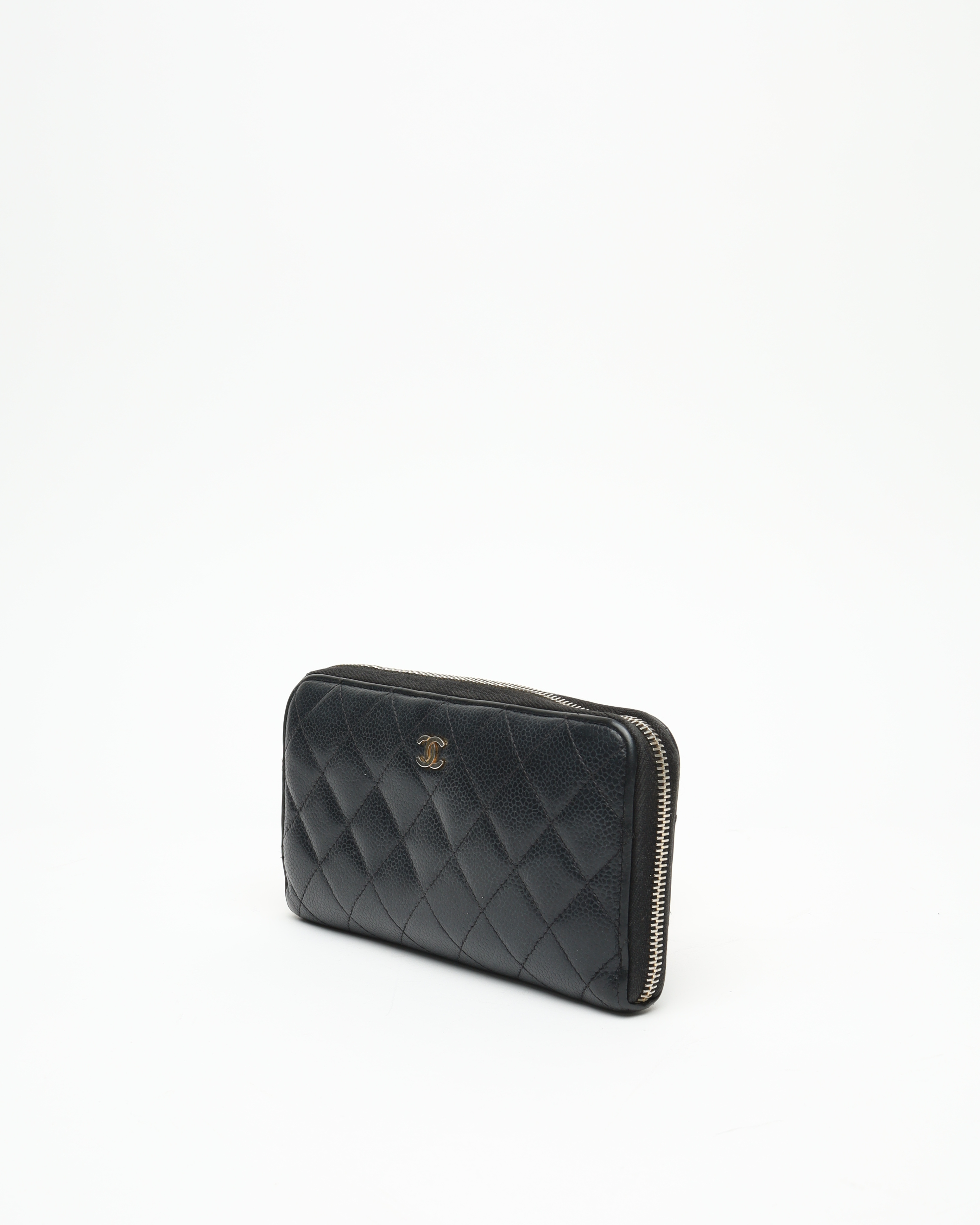 Pre-owned Chanel Long Caviar Zip Around Wallet In Black