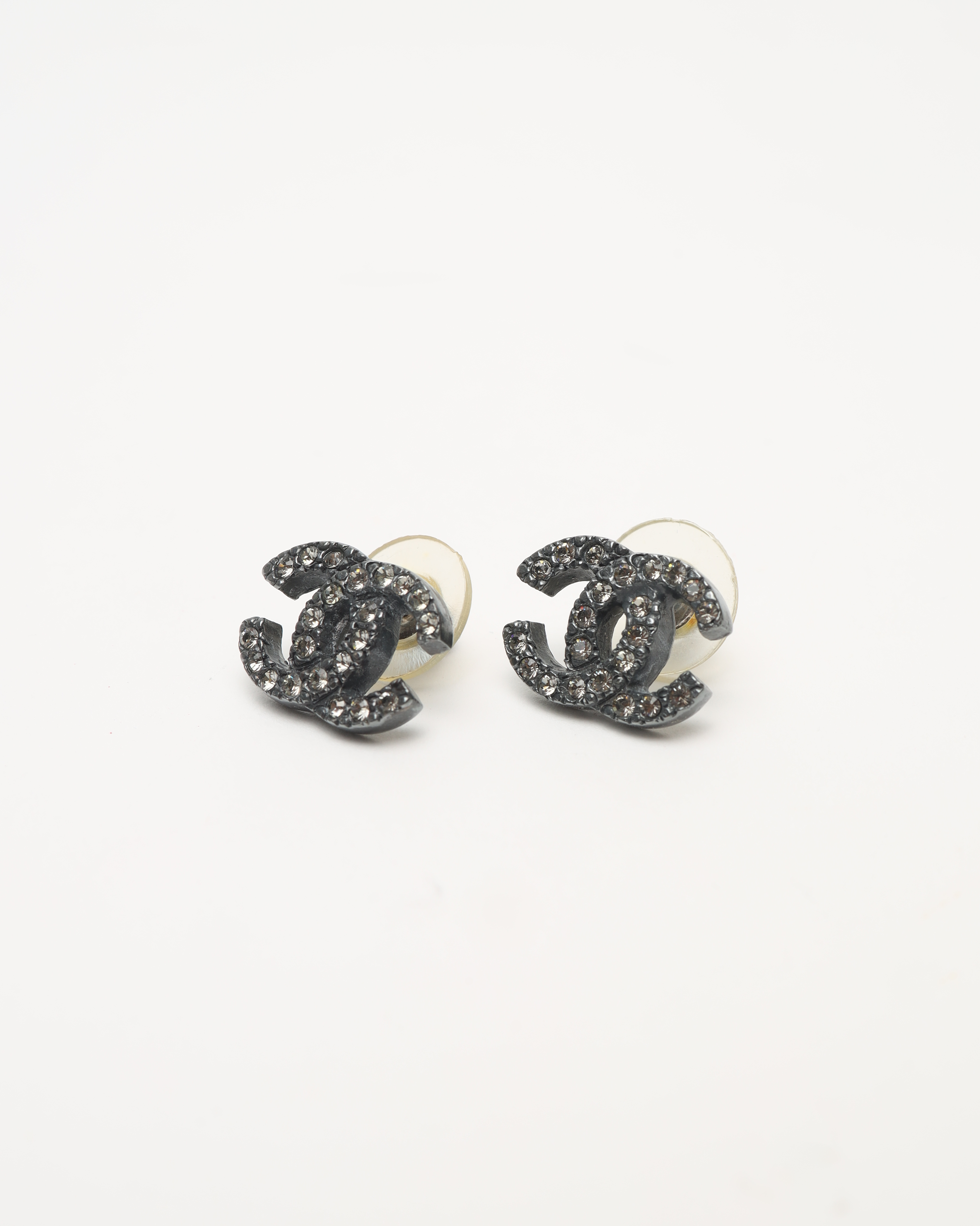 Pre-owned Chanel Coco Gunmetal Rhinestone Earrings