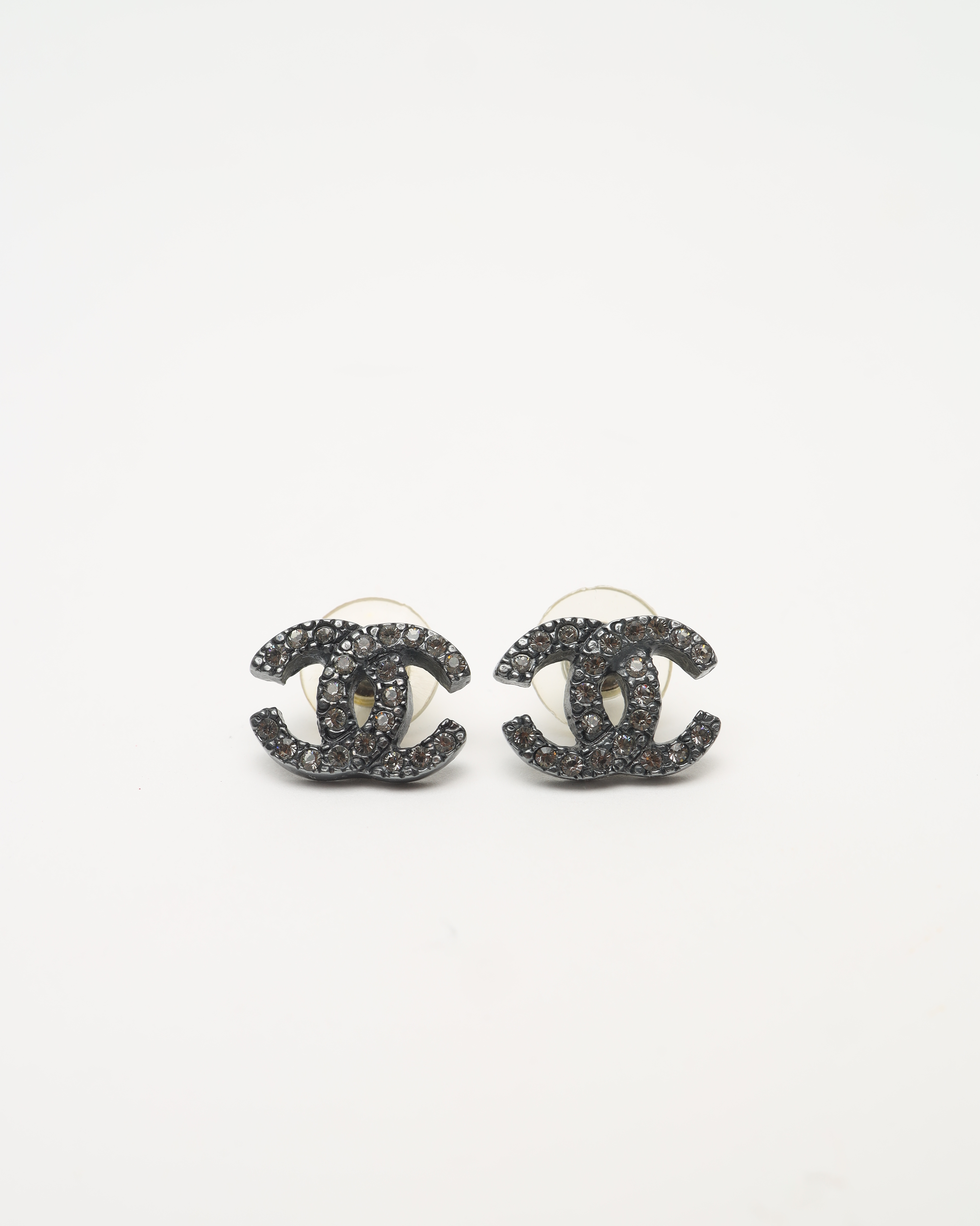 Pre-owned Chanel Coco Gunmetal Rhinestone Earrings