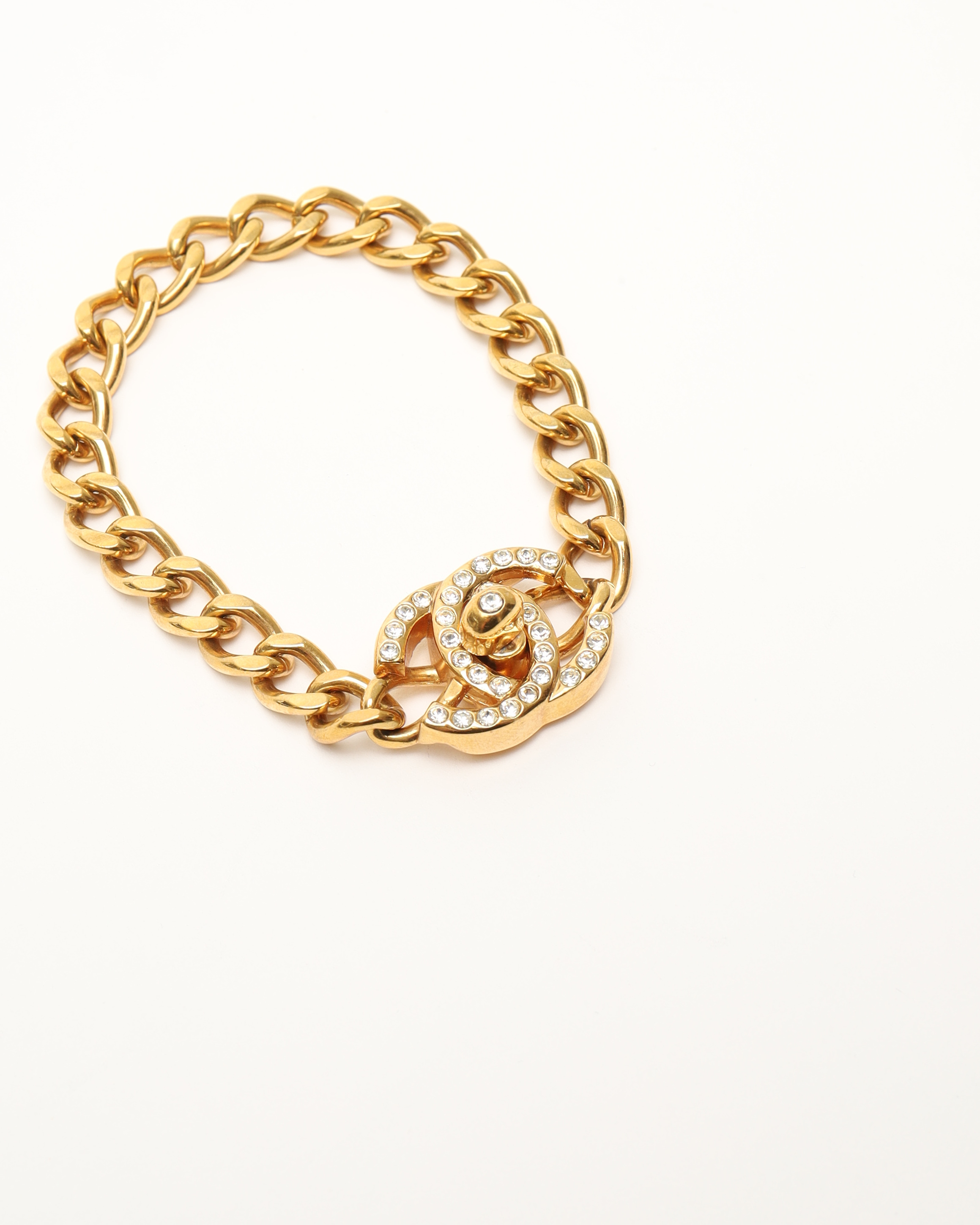 Pre-owned Chanel Coco Mark Turnlock Gold Rhinestone Bracelet