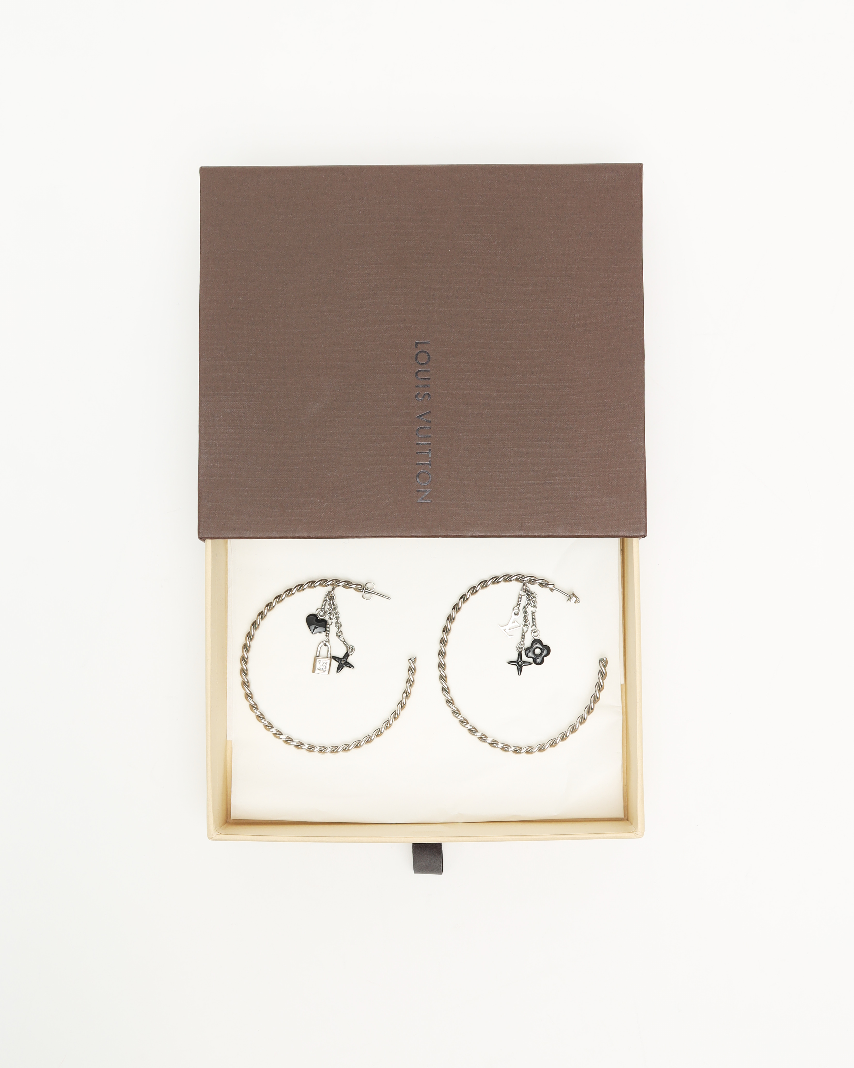 Pre-owned Louis Vuitton Creole Sweet Monogram Hoop Earrings In Silver