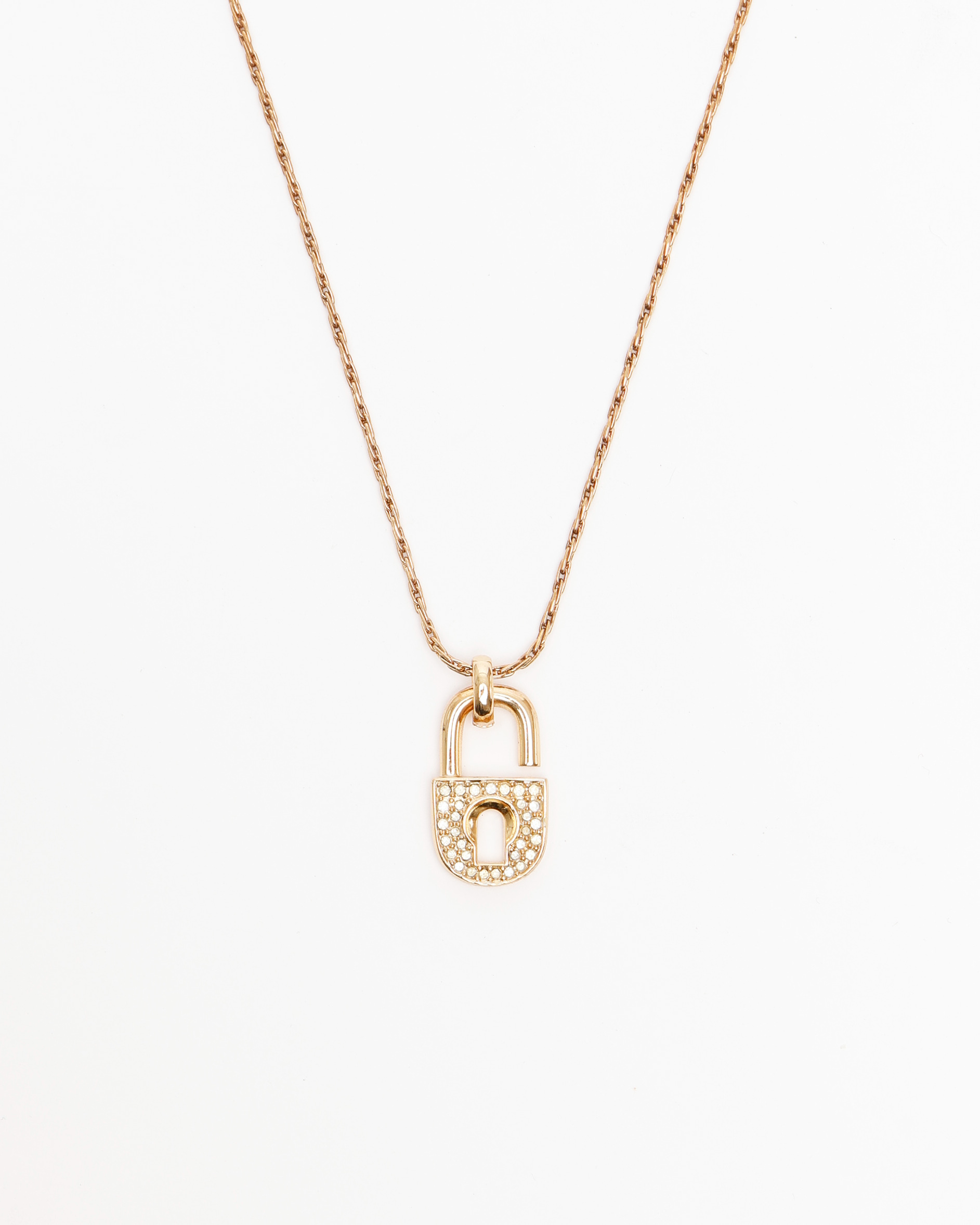 CHRISTIAN DIOR Rhinestone Padlock Charm Necklace