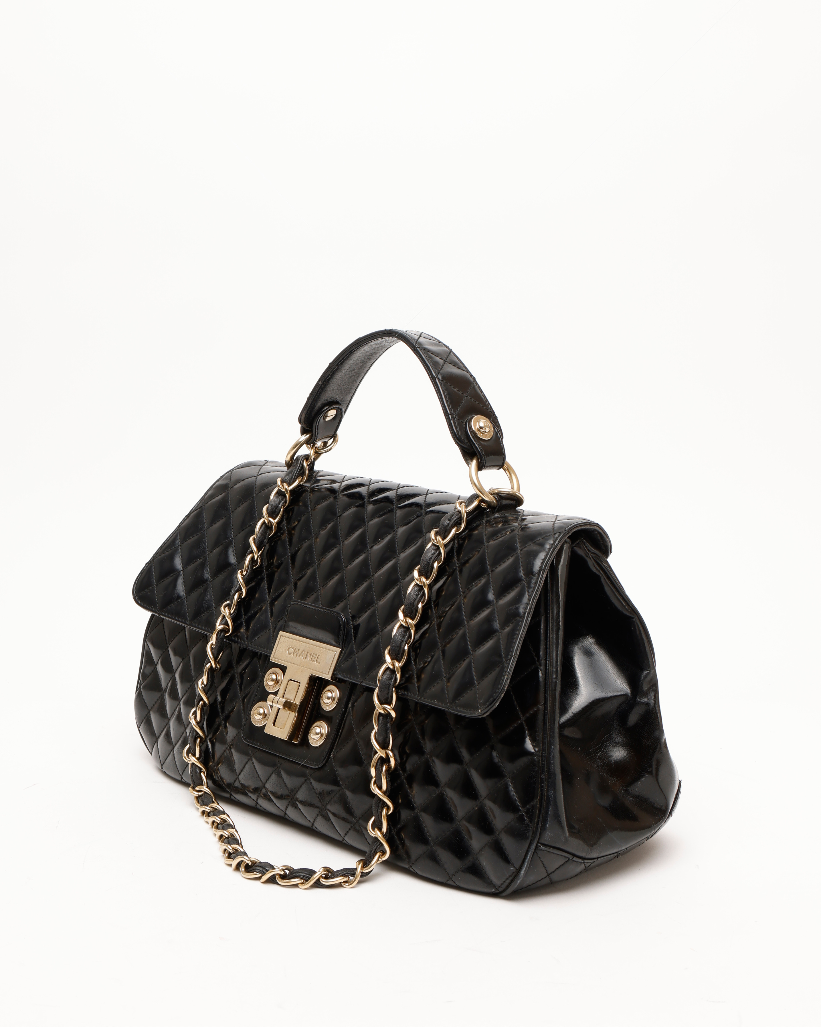 Pre-owned Chanel Patent Mademoiselle Kelly Flap Bag In Black