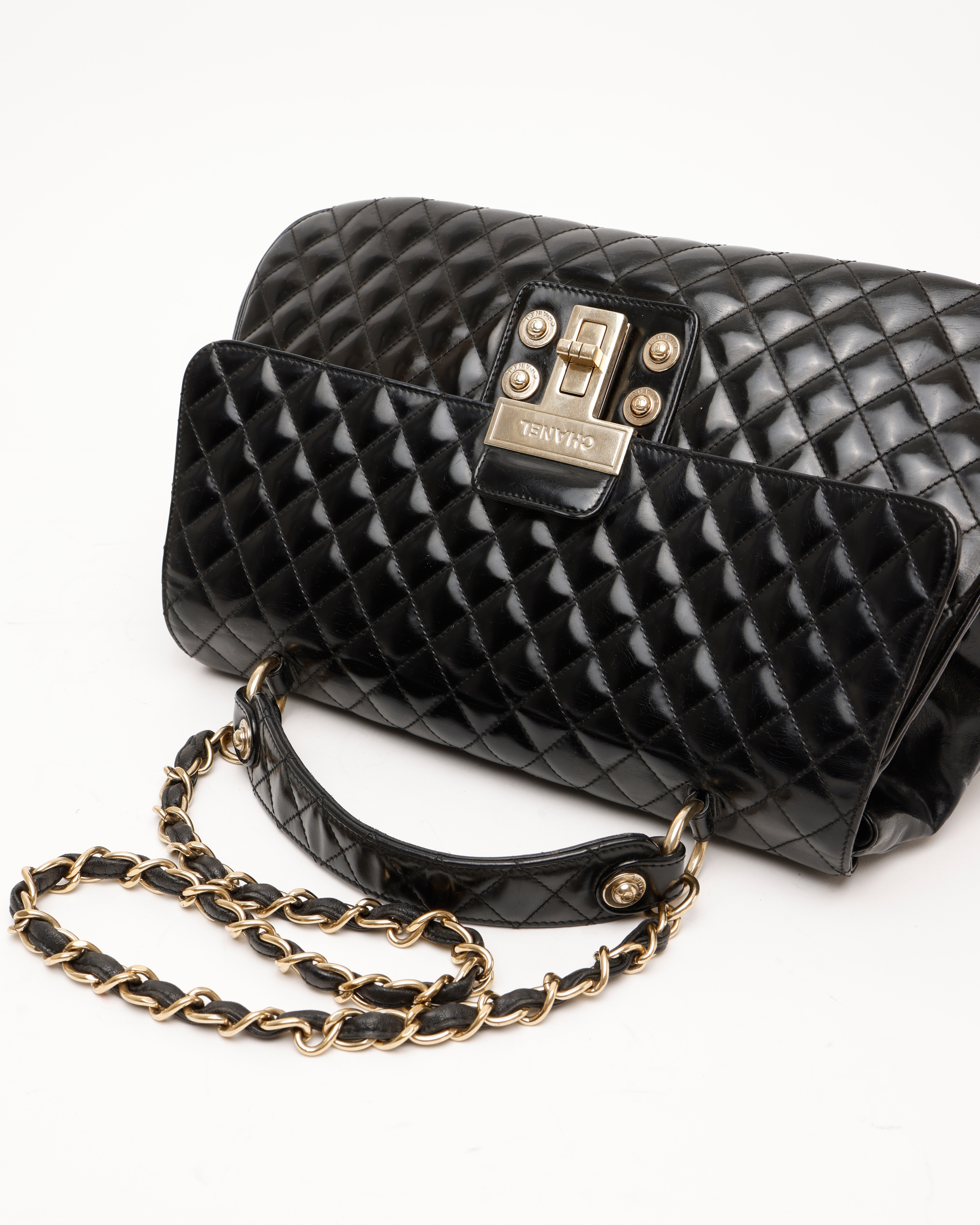 Pre-owned Chanel Patent Mademoiselle Kelly Flap Bag In Black