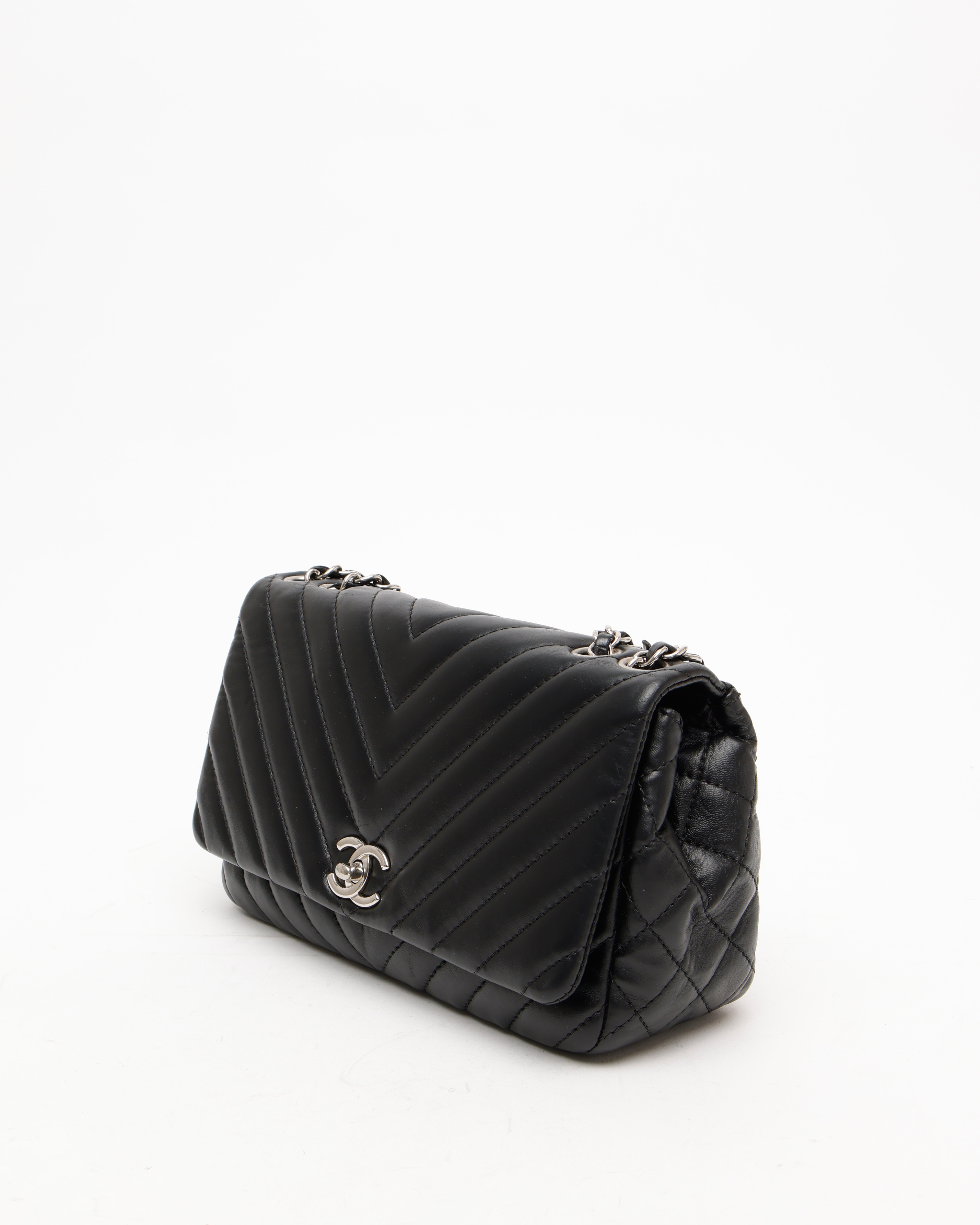 Pre-owned Chanel Surpique Chevron Flap Bag In Black
