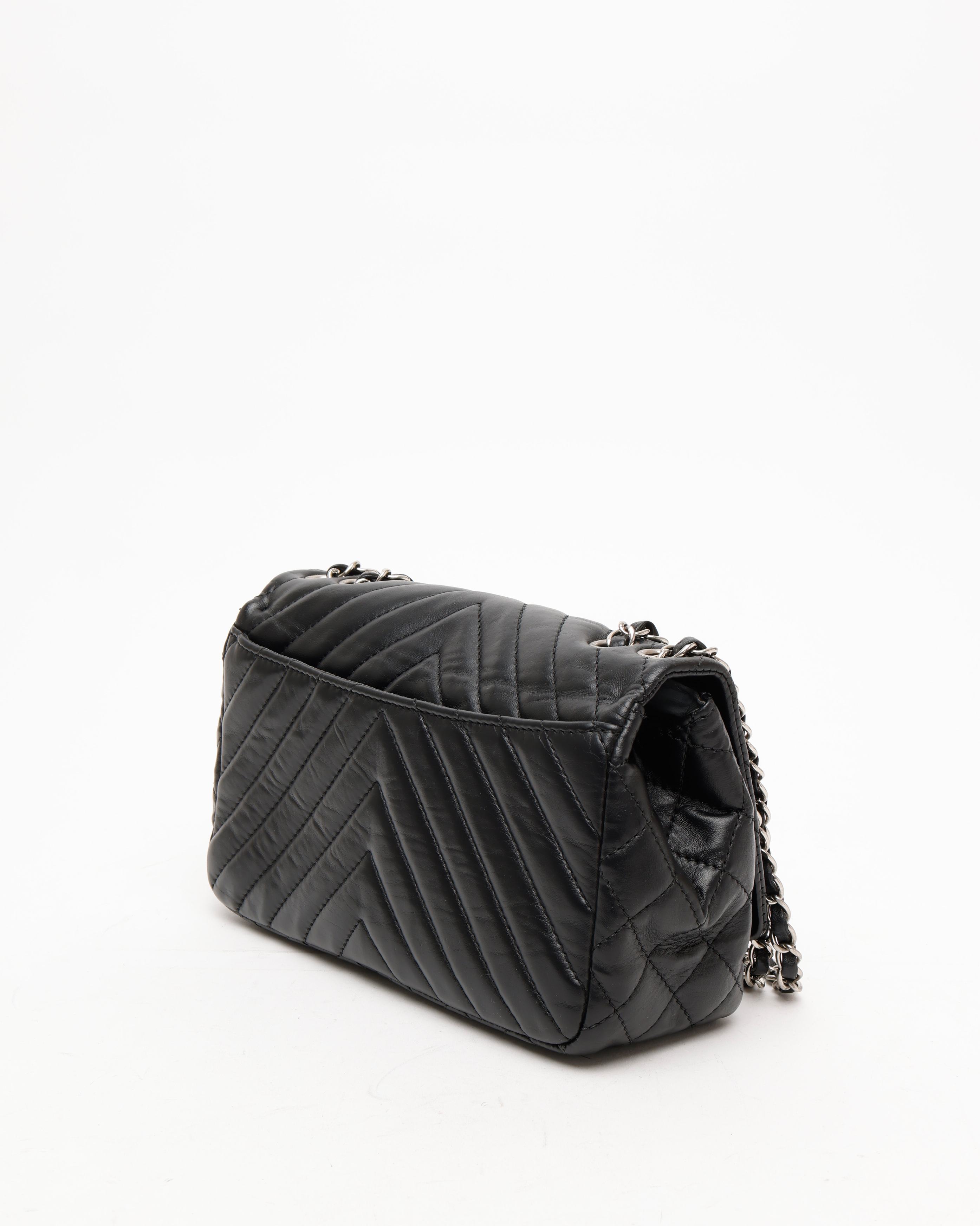 Pre-owned Chanel Surpique Chevron Flap Bag In Black