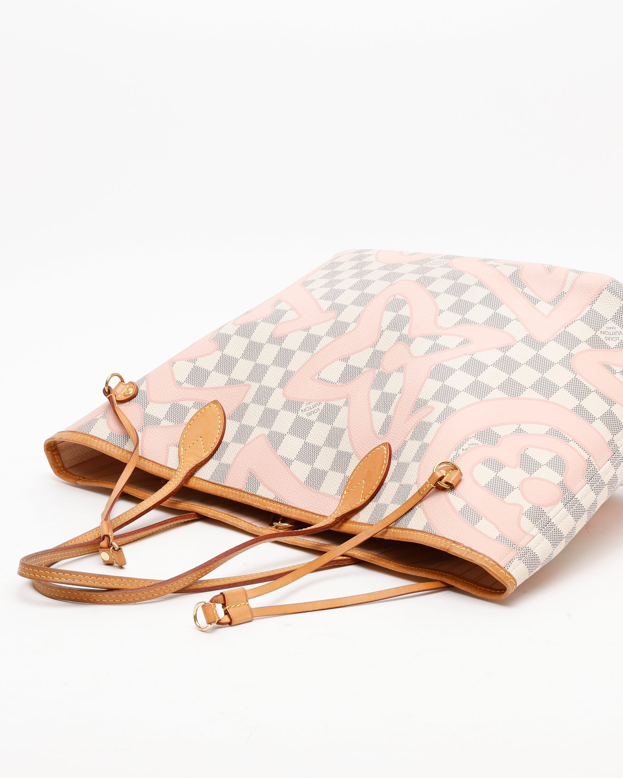 Pre-owned Louis Vuitton Damier Azur Tahitienne Neverfull Mm Tote Bag In White