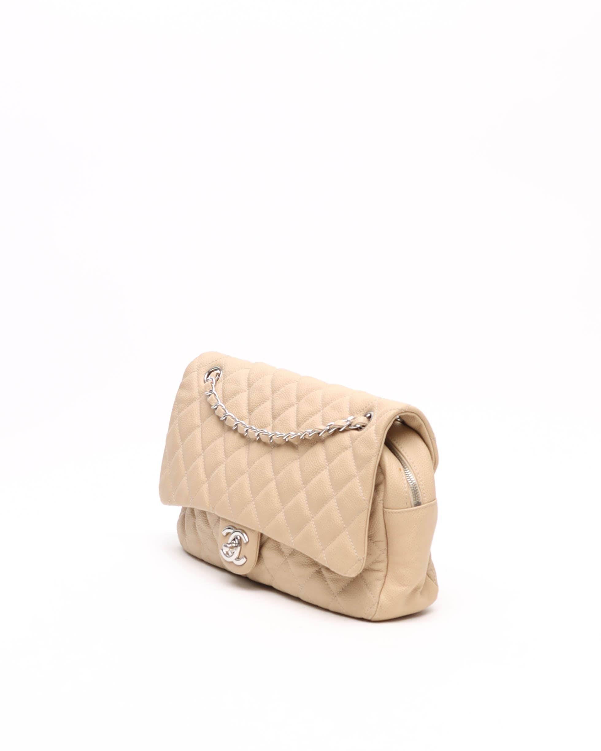 Pre-owned Chanel Classic Jumbo Caviar Single Flap Bag In Sand