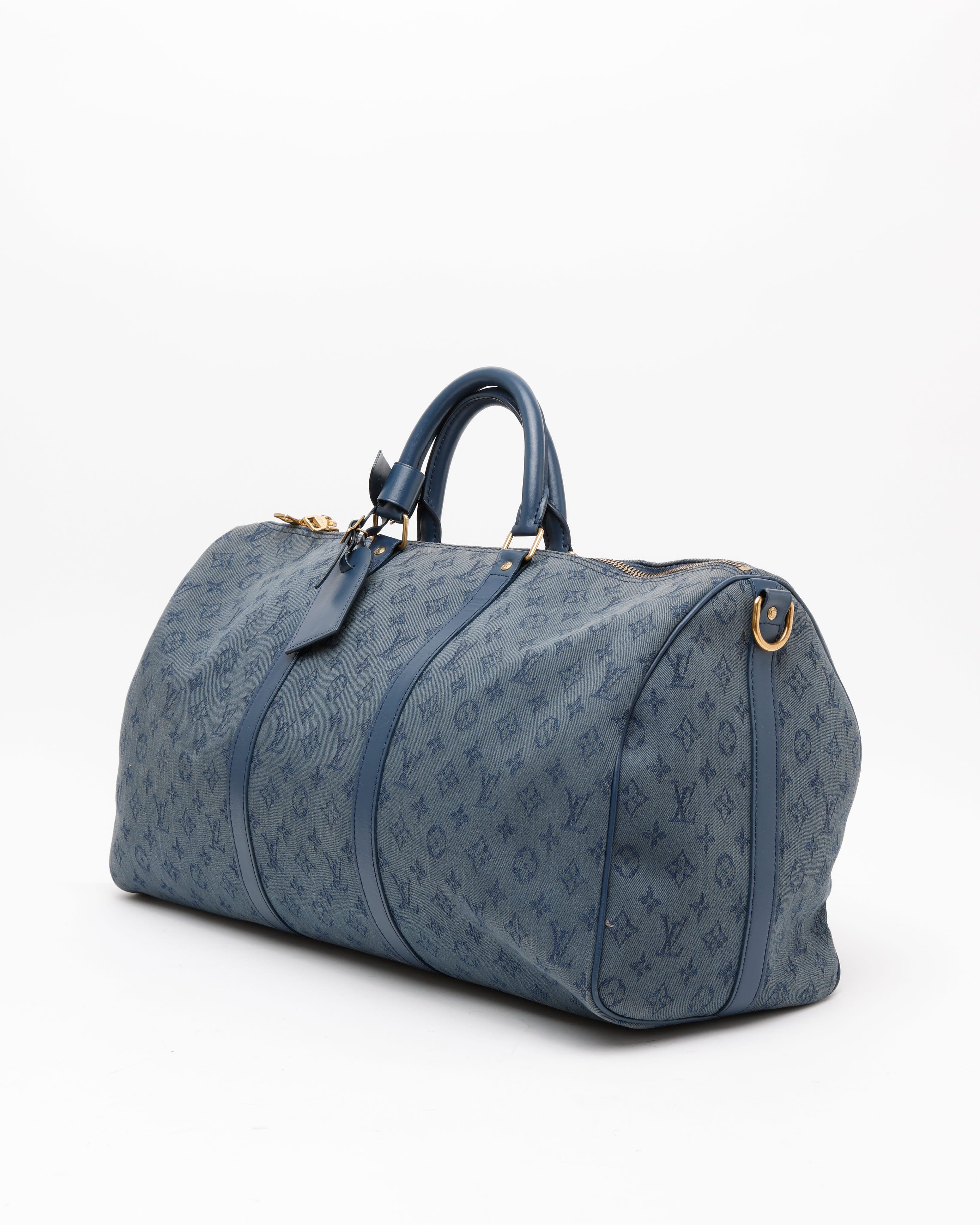 Pre-owned Louis Vuitton Monogram Denim Keepall 50 By Virgil Abloh Weekend Bag In Blue