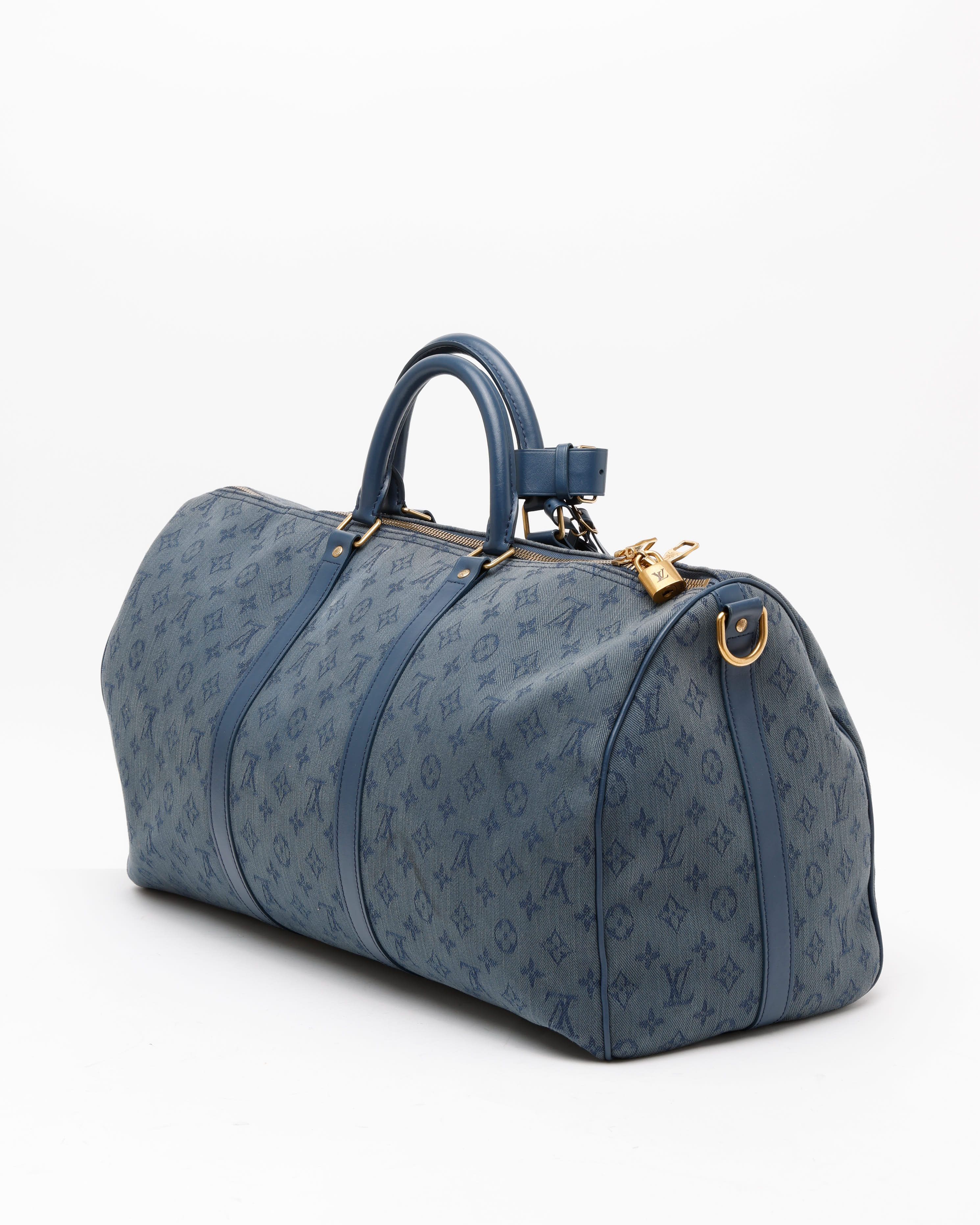 Pre-owned Louis Vuitton Monogram Denim Keepall 50 By Virgil Abloh Weekend Bag In Blue