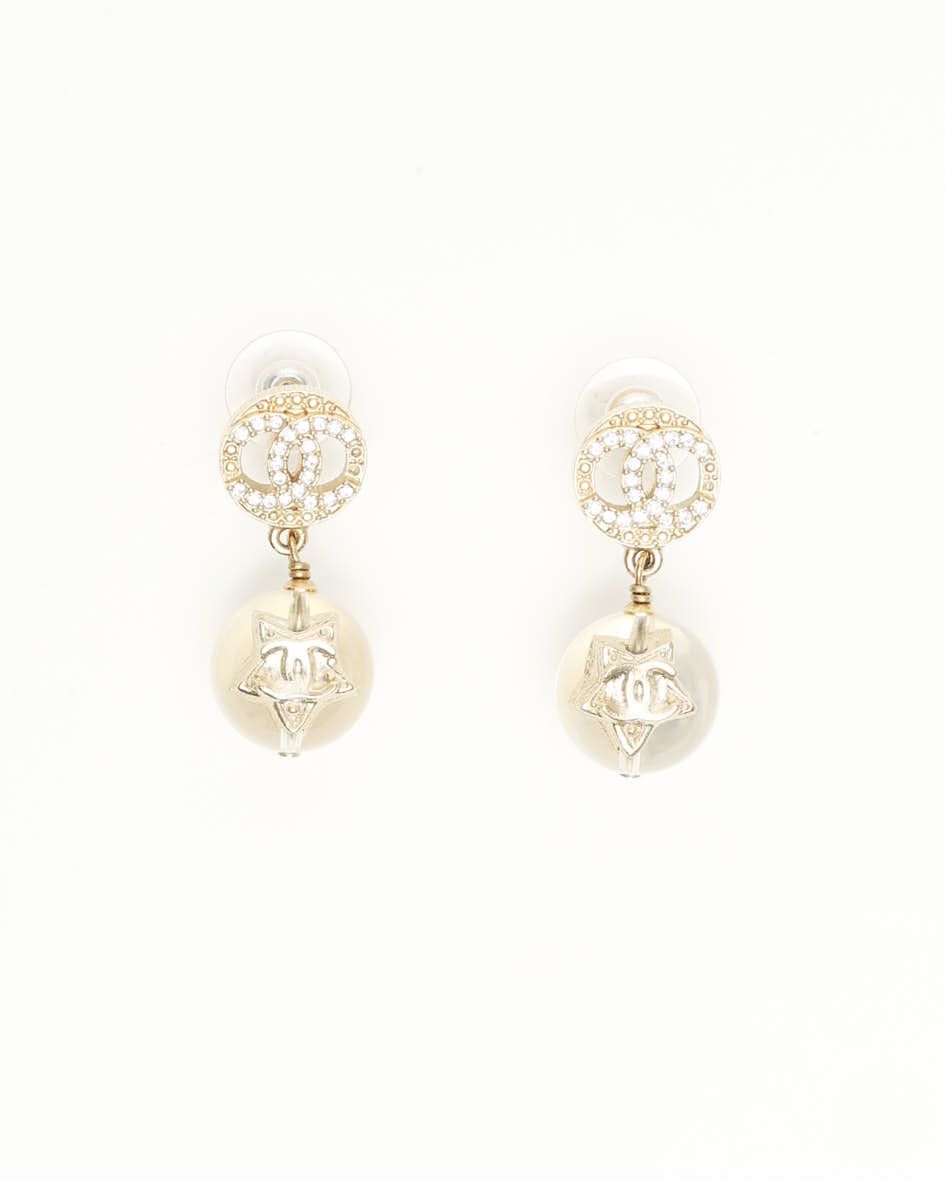 Pre-owned Chanel Coco Mark Resin Rhinestone Earrings In Gold