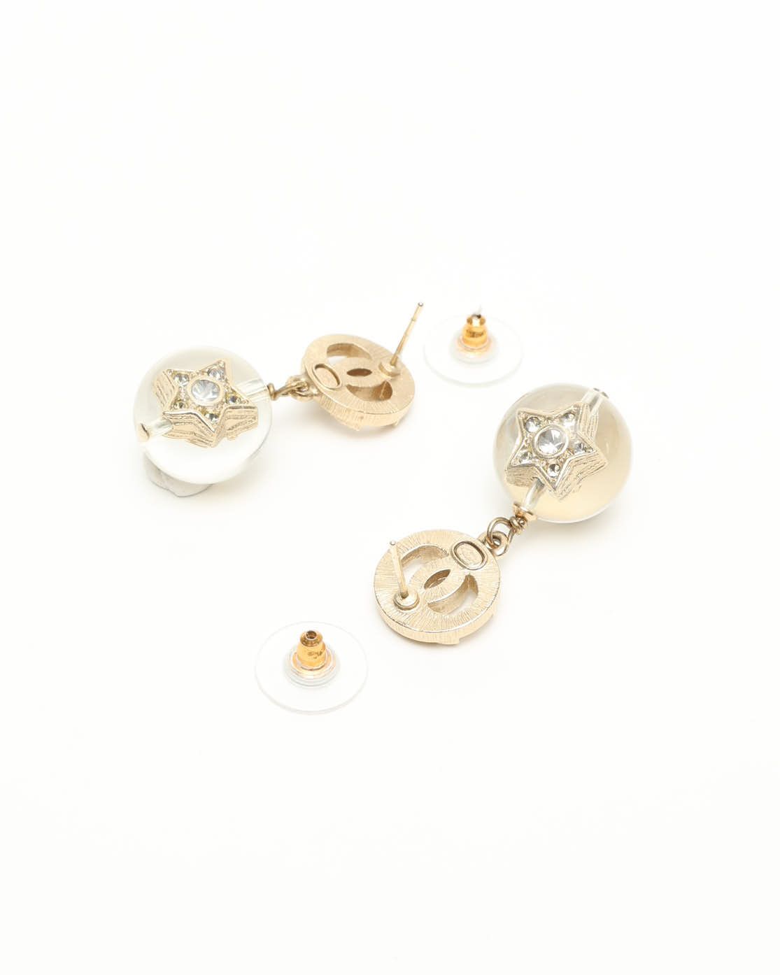 Pre-owned Chanel Coco Mark Resin Rhinestone Earrings In Gold