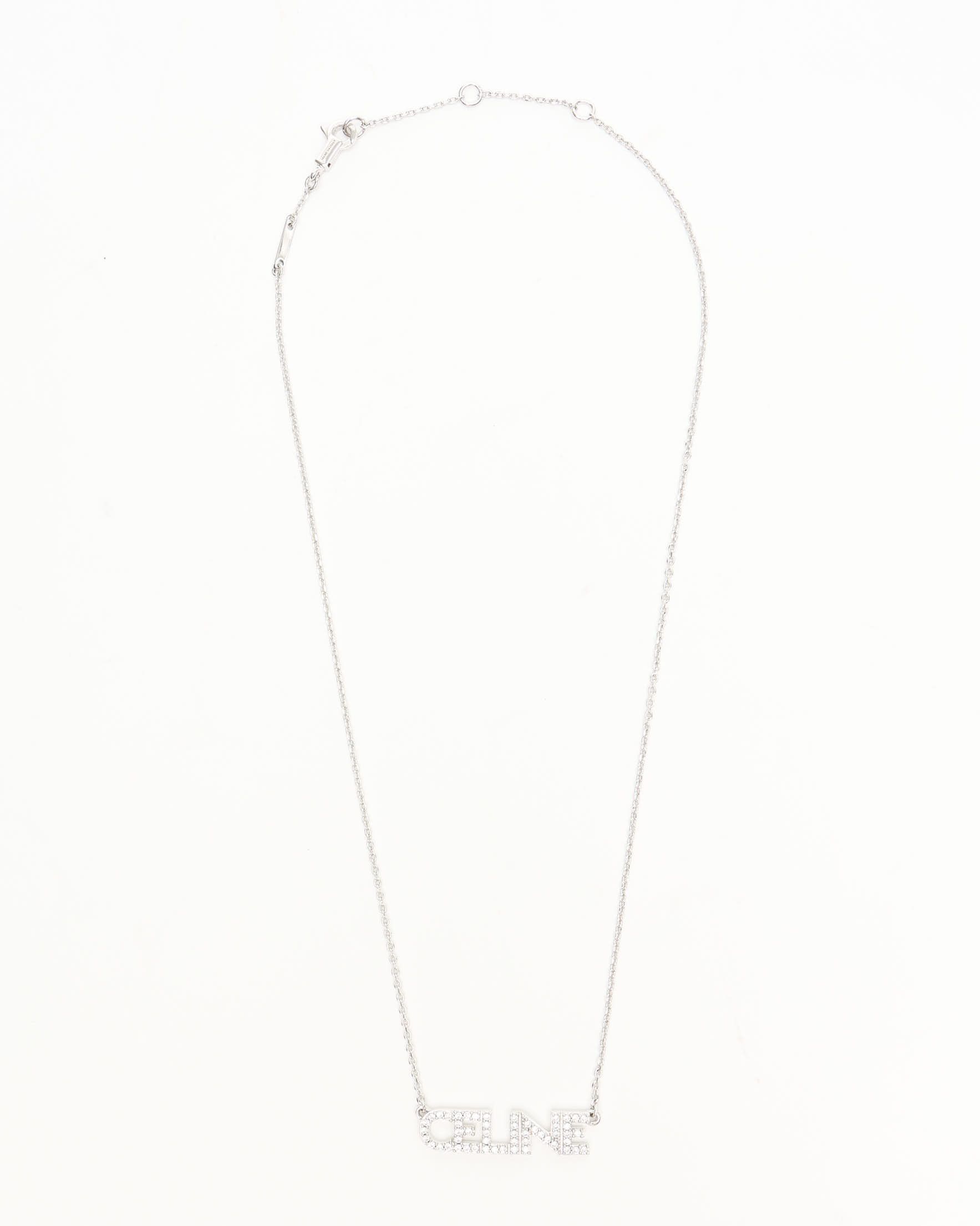 Celine Céline Logo Rhinestone Necklace In Metallic