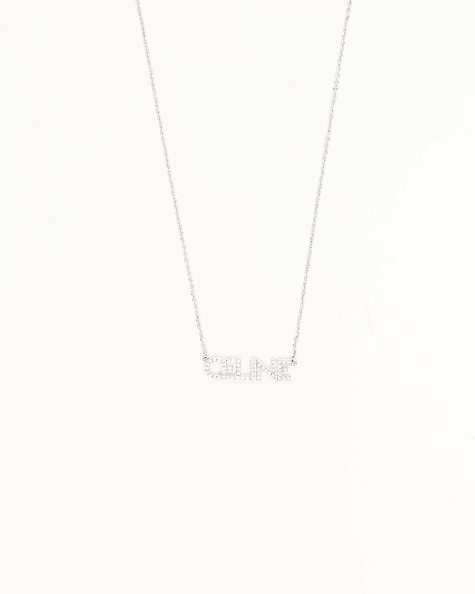 Celine Céline Logo Rhinestone Necklace In Metallic