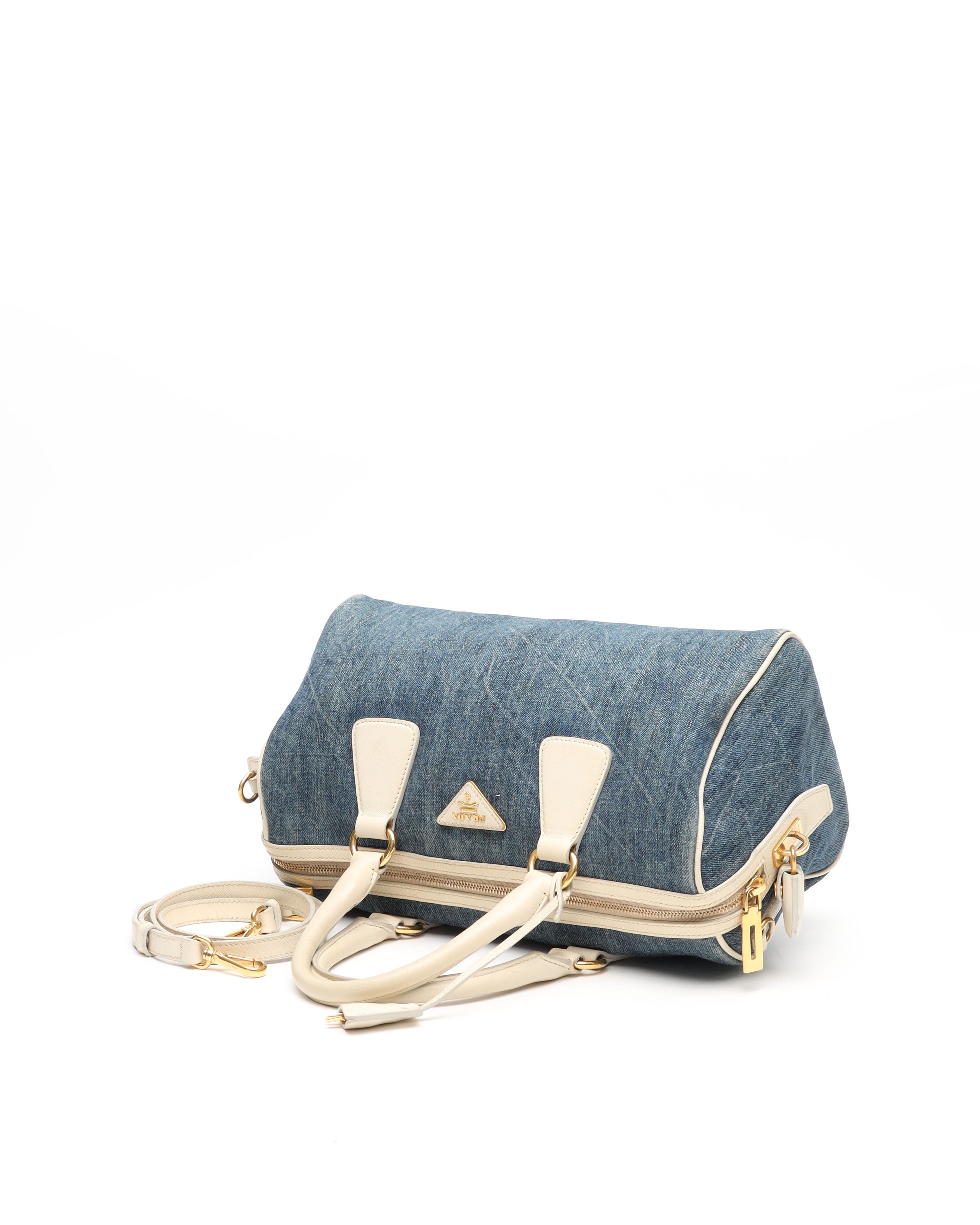 Prada Denim Bauletto Bag In Blue