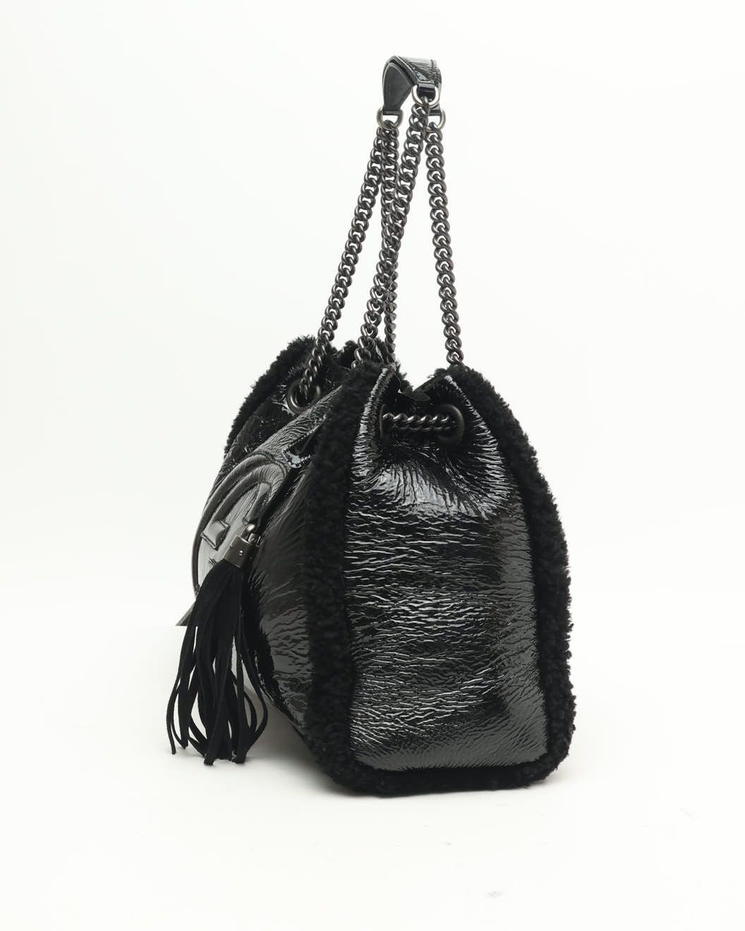 Gucci Patent Shearling Gg Soho Tote Bag