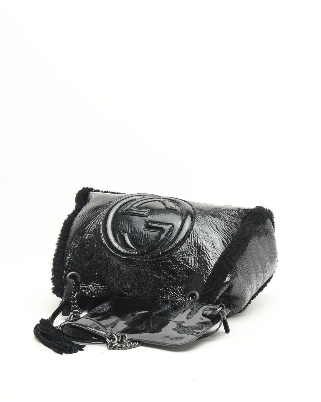 Gucci Patent Shearling Gg Soho Tote Bag