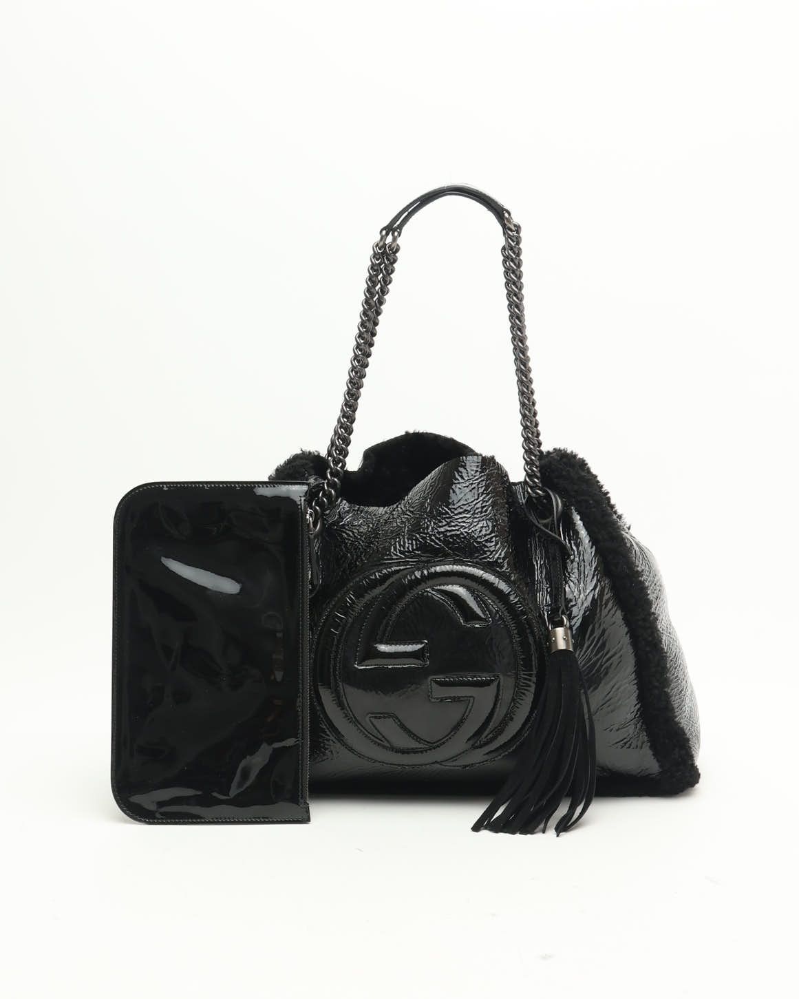Gucci Patent Shearling Gg Soho Tote Bag