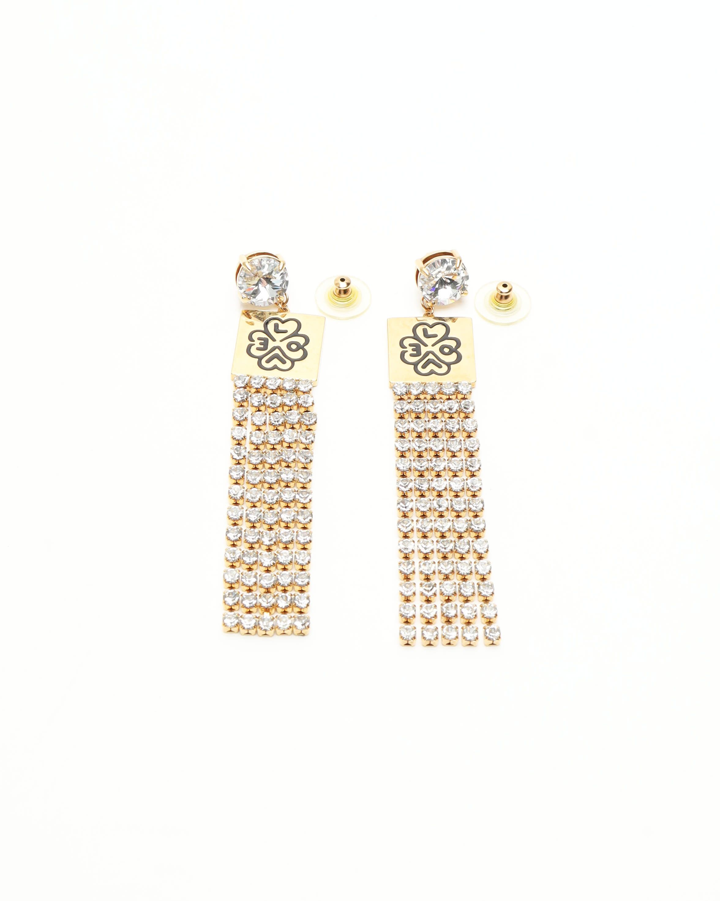 Miu Miu Dangling Rhinestone Earrings In Gold