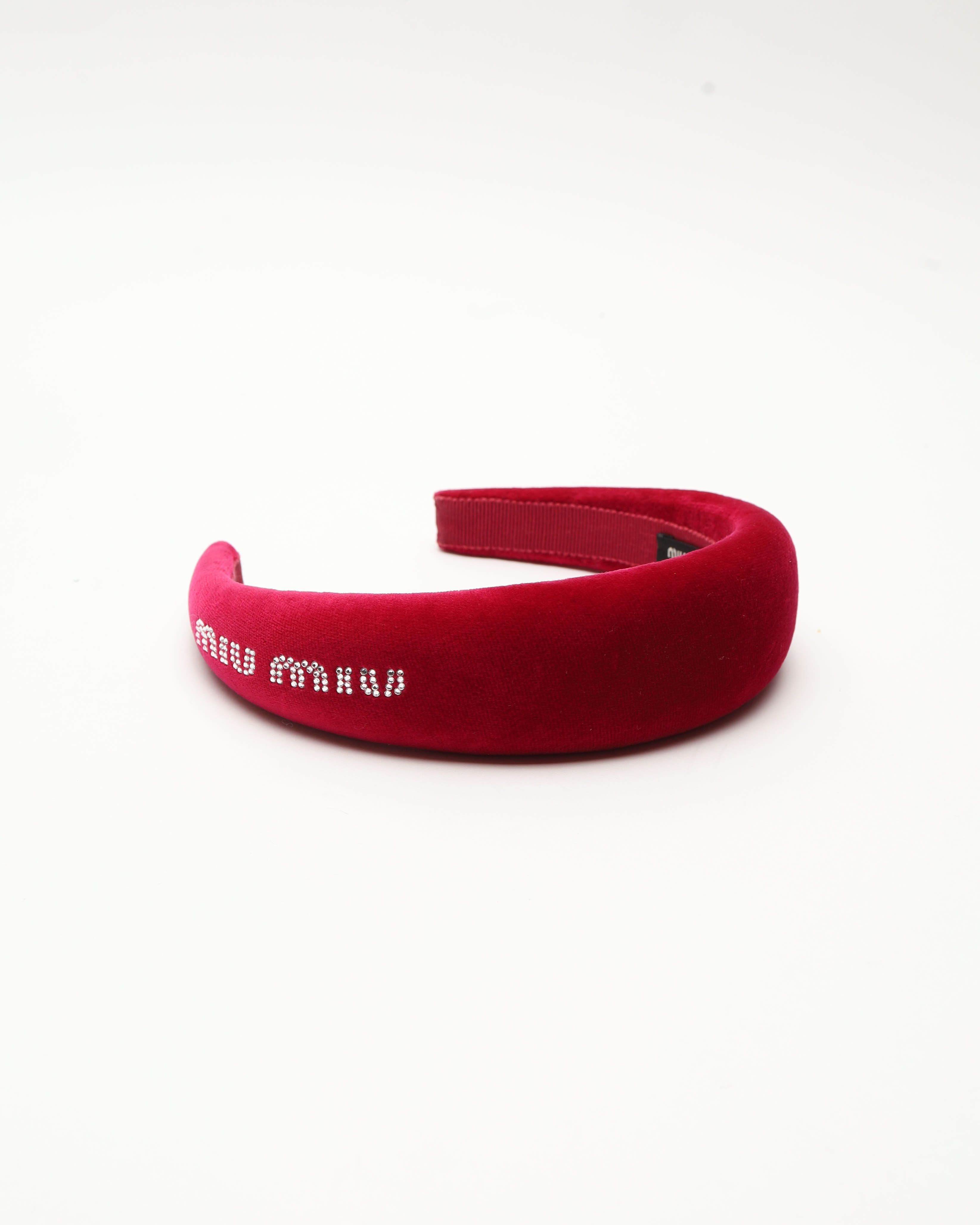 Miu Miu Velvet Rhinestone Logo Headband In Red