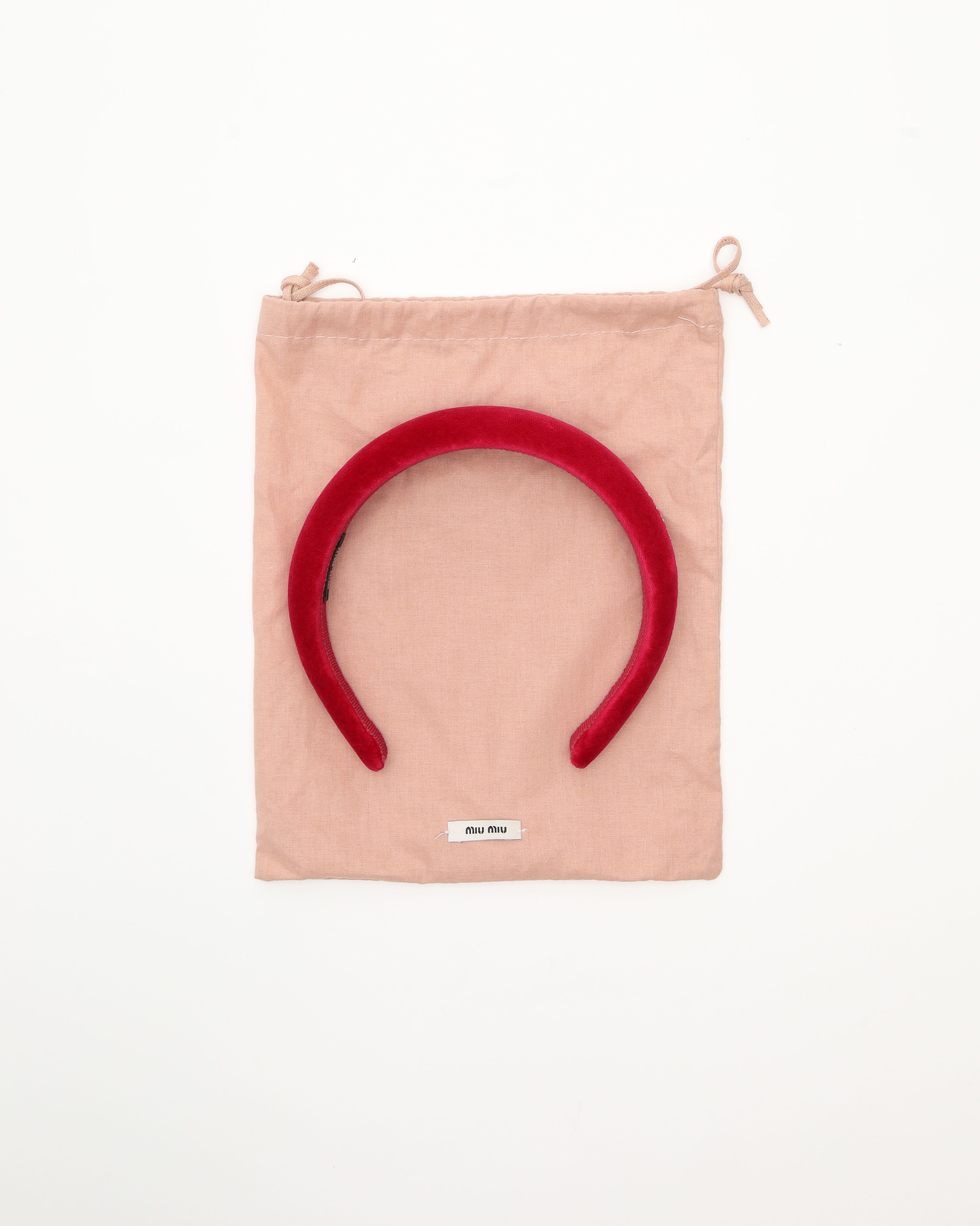 Miu Miu Velvet Rhinestone Logo Headband In Red