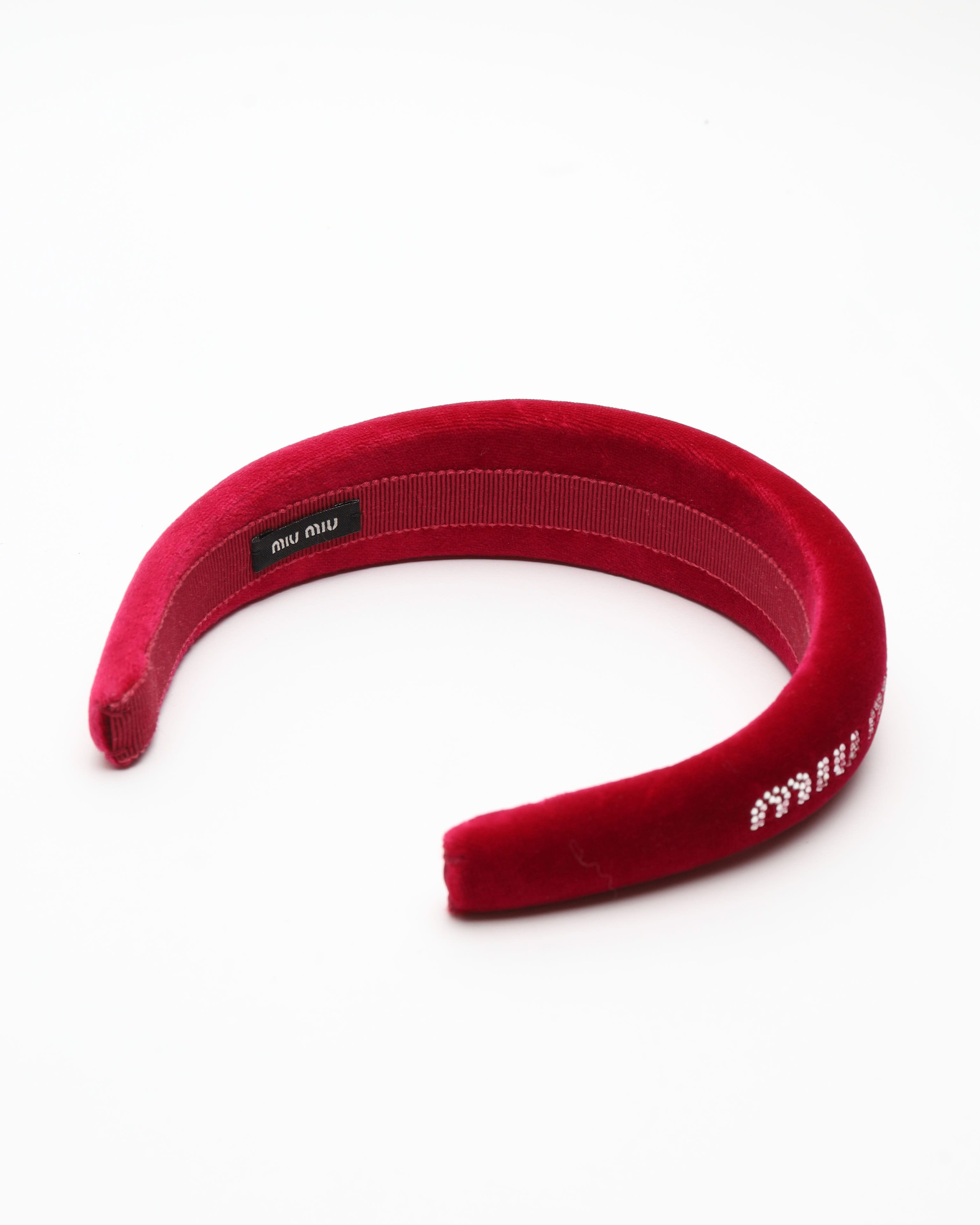Miu Miu Velvet Rhinestone Logo Headband In Red