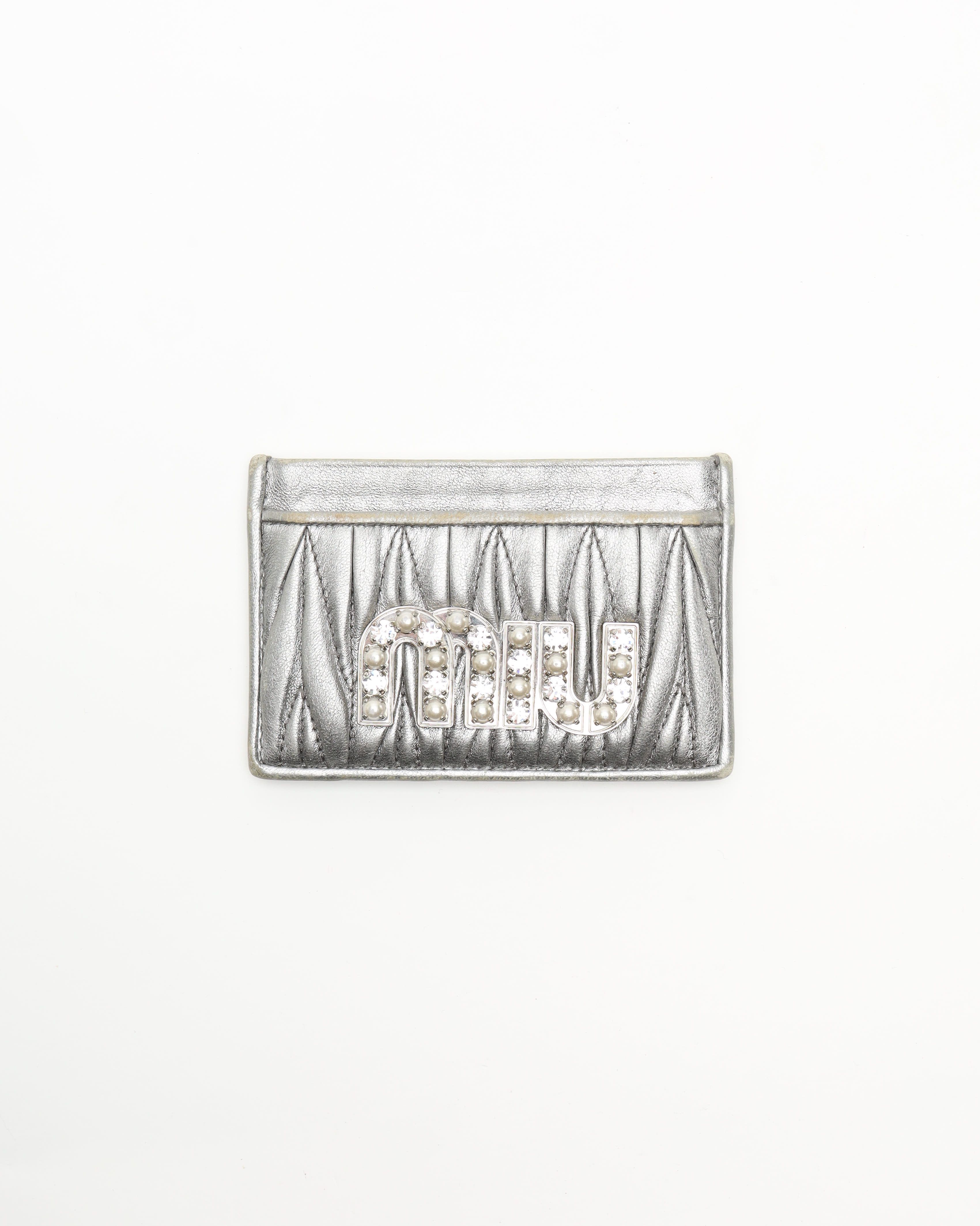 Miu Miu Leather Card Holder In Gray