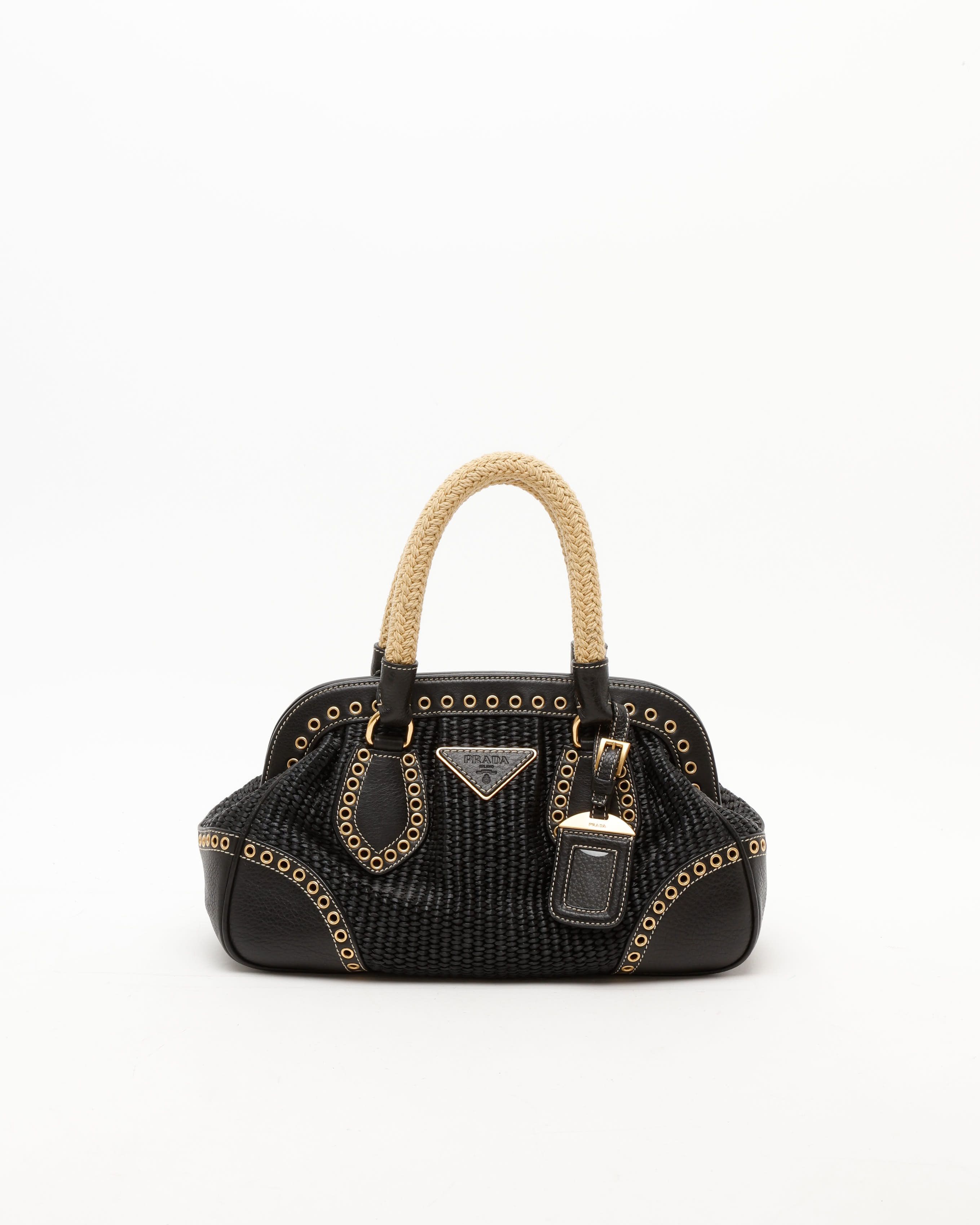 Prada Raffia Vitello Daino Handle Bag