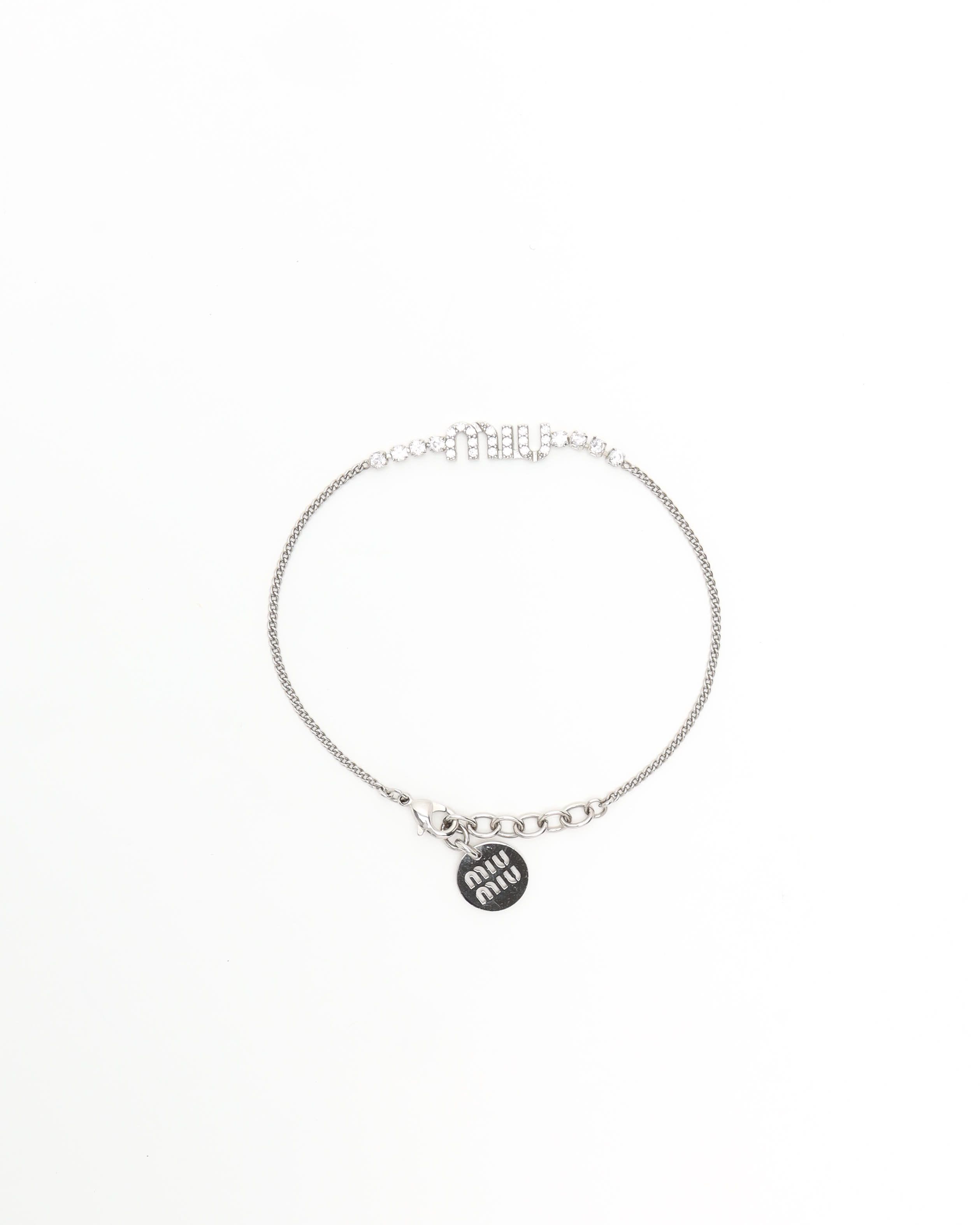 Miu Miu Logo Rhinestone Silver Bracelet