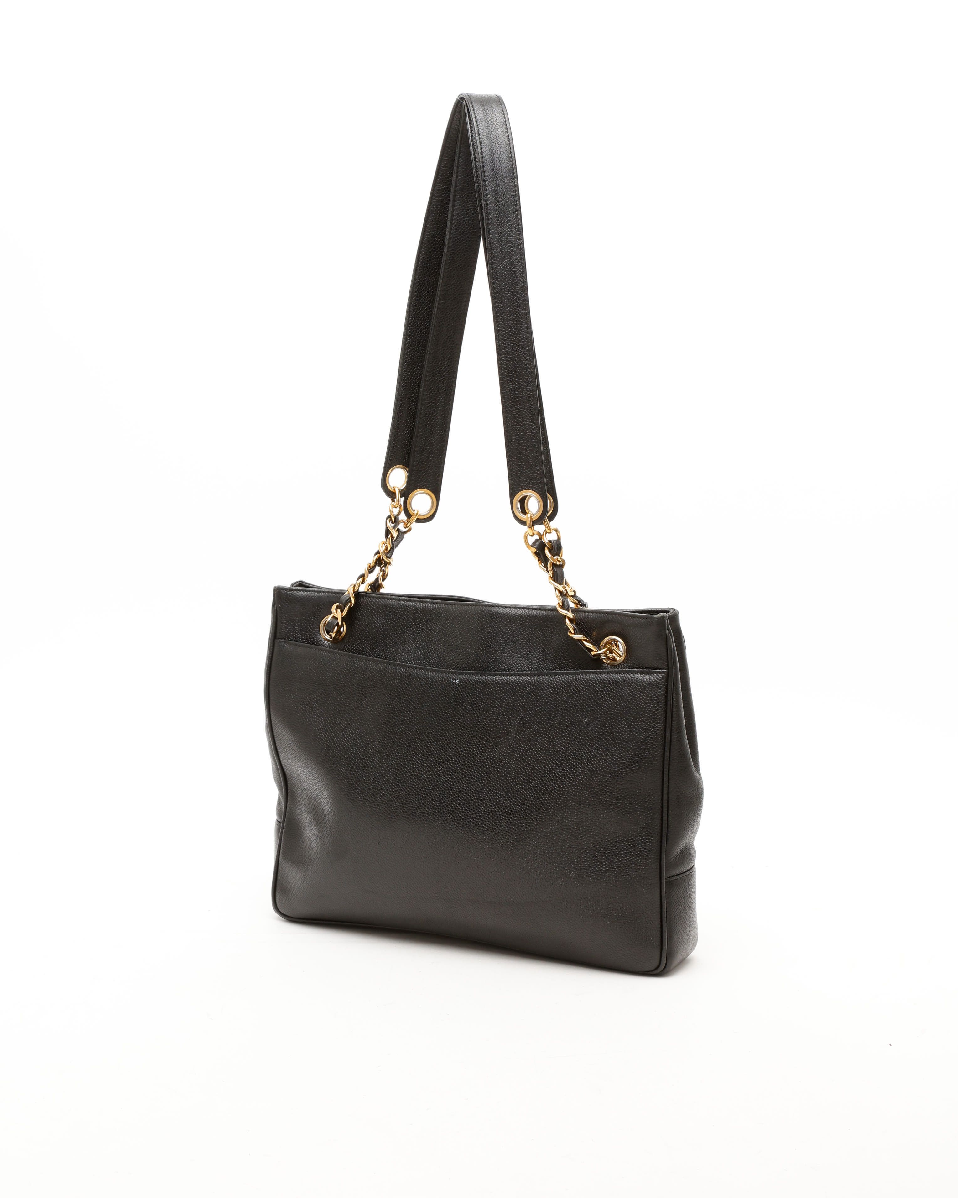 Pre-owned Chanel Cc Caviar Chain Tote Bag In Black