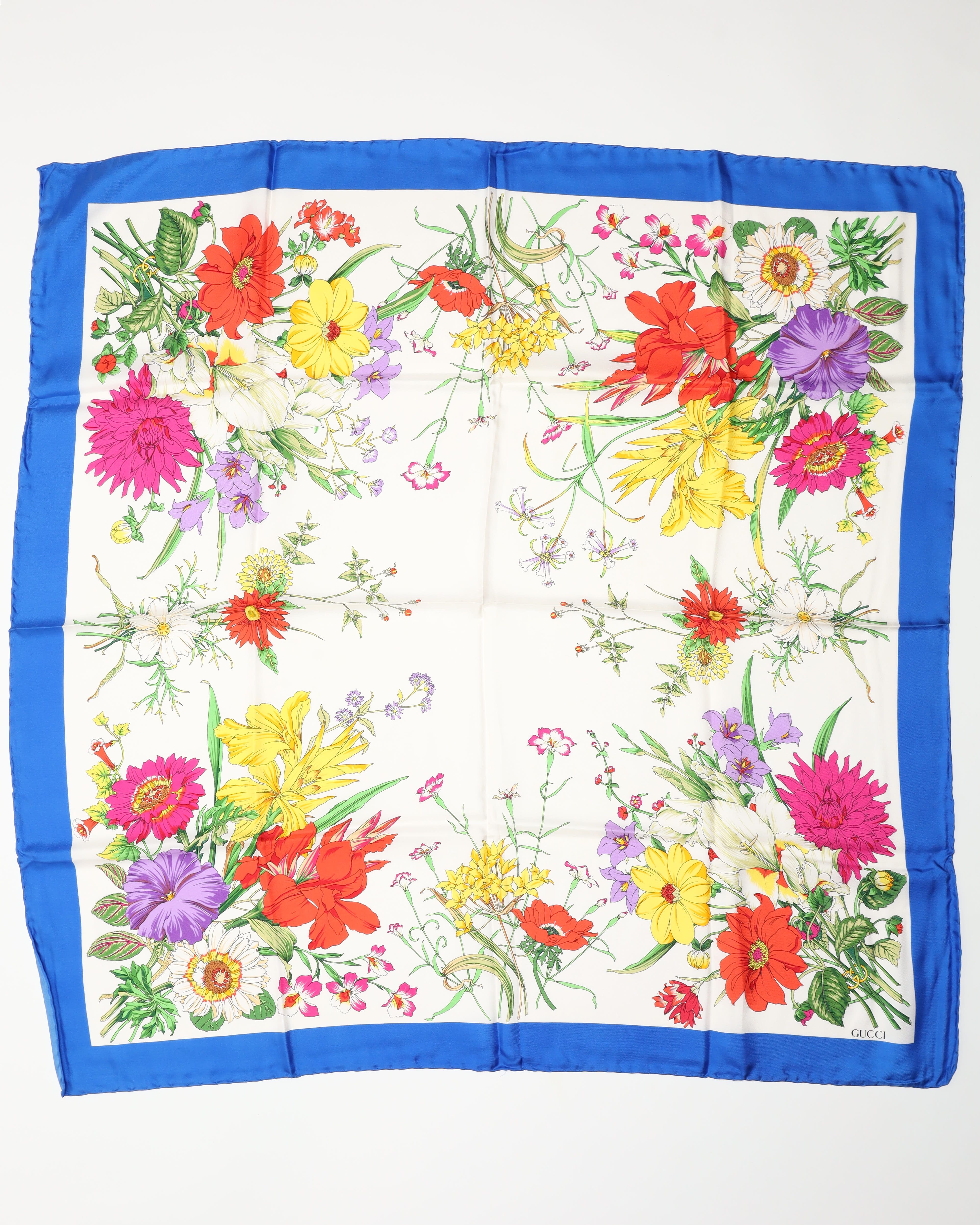 Gucci Floral Silk Scarf In Blue