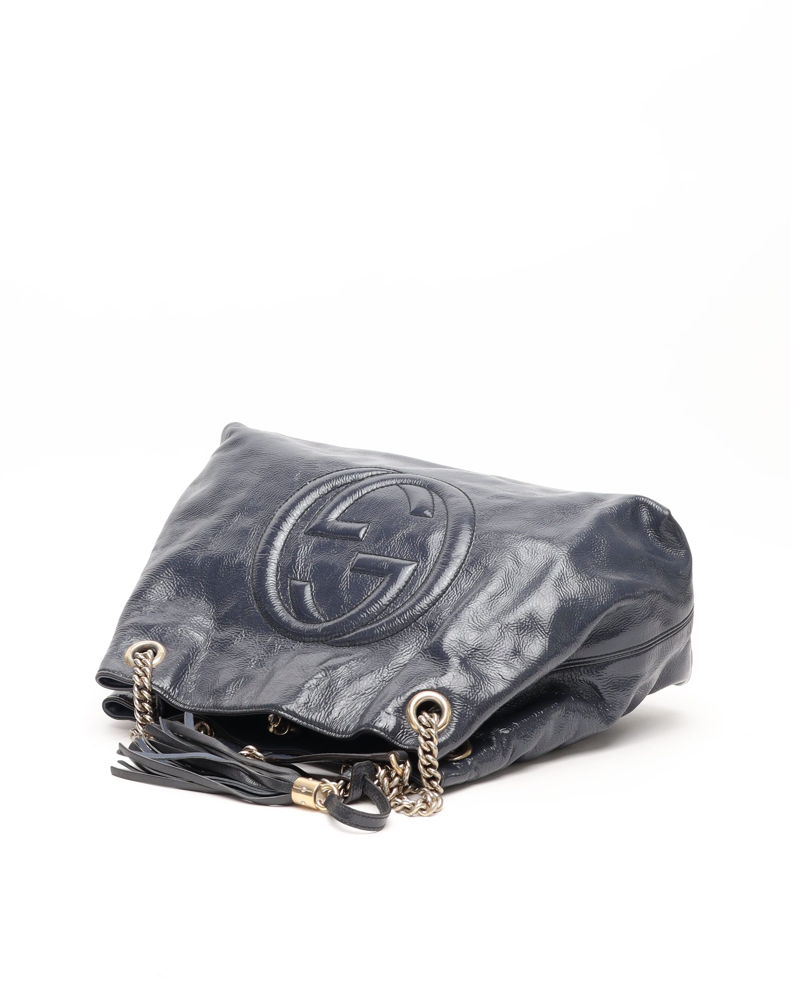 Gucci Medium Patent Soho Chain Tote Bag In Blue