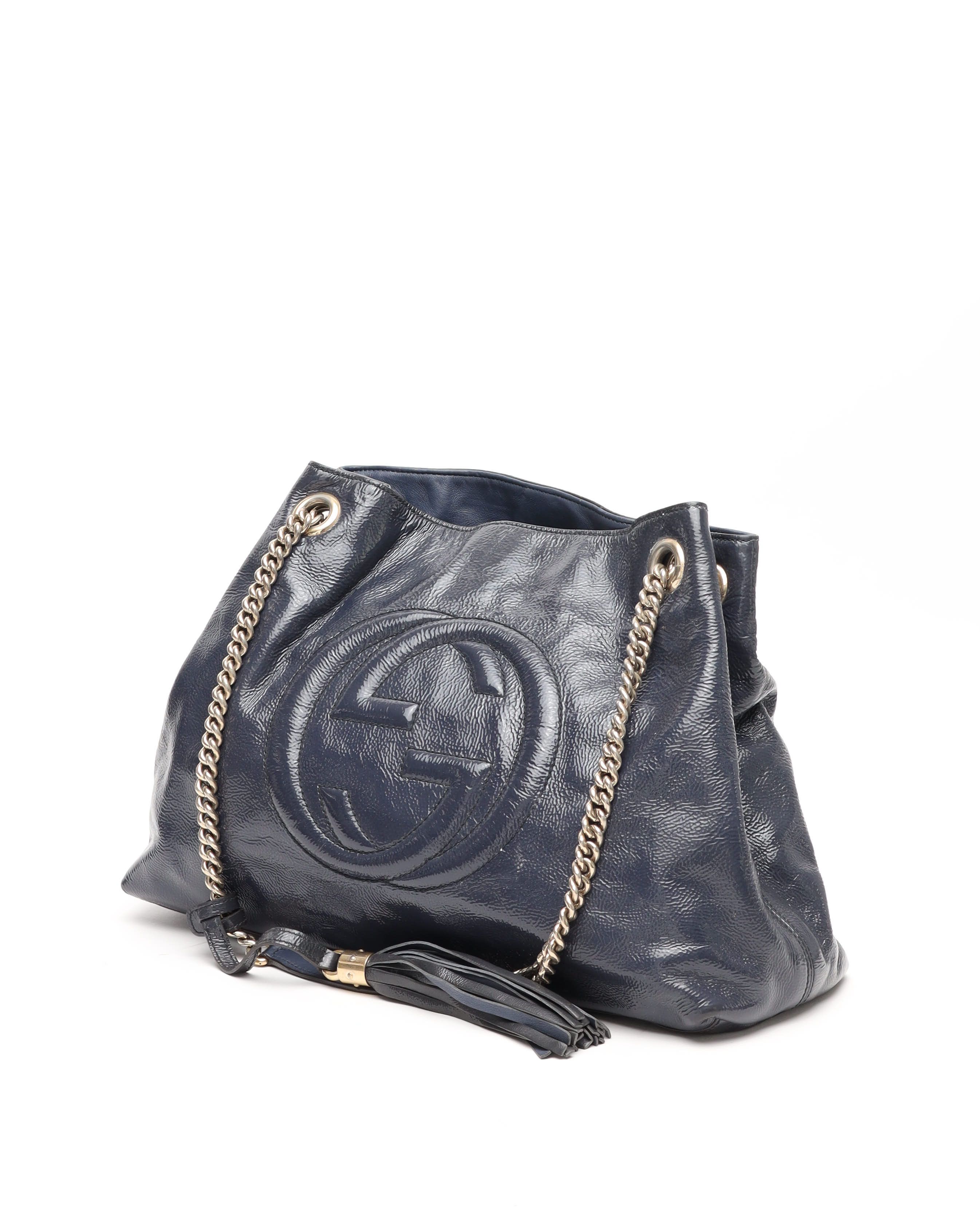 Gucci Medium Patent Soho Chain Tote Bag In Blue