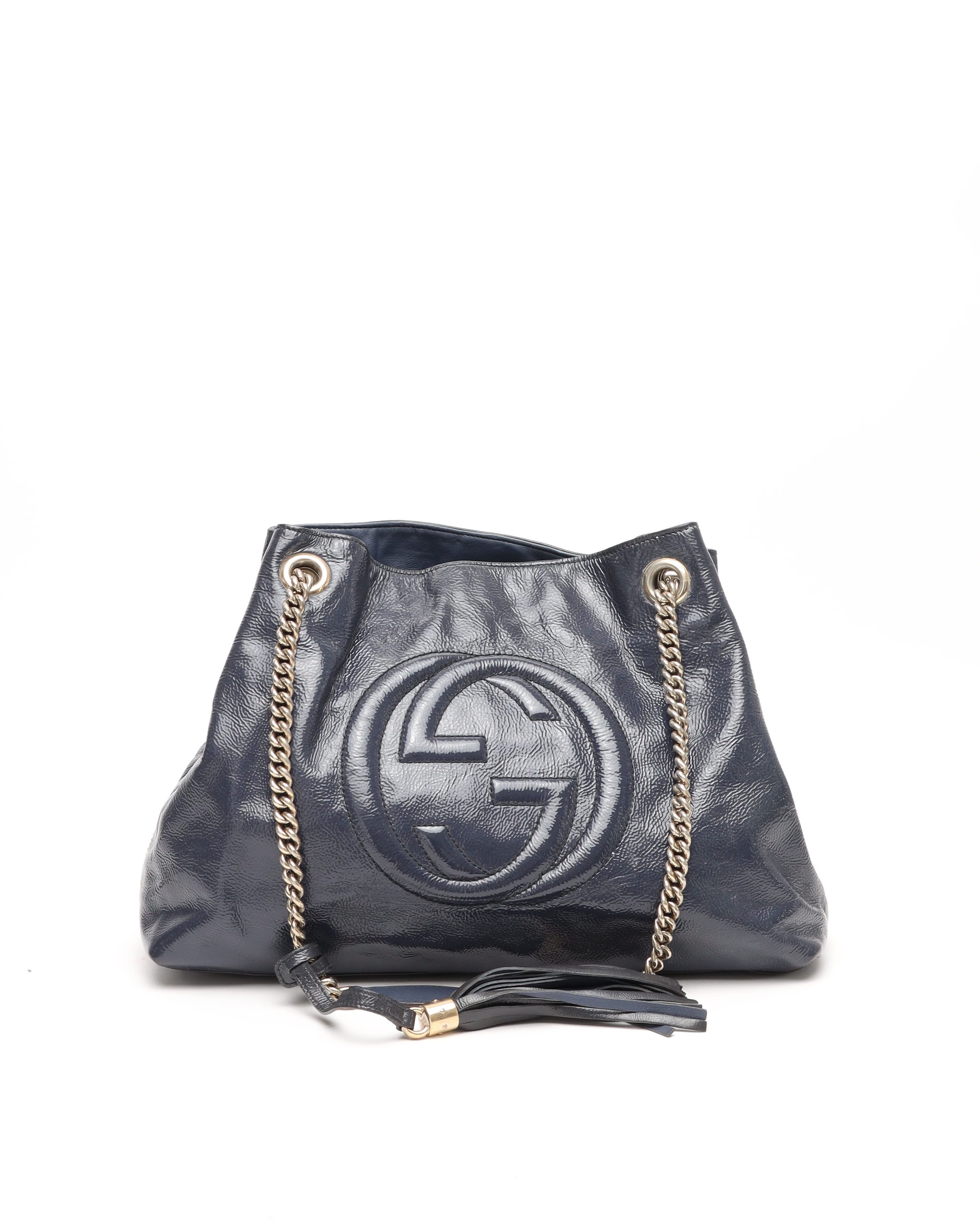 Gucci Medium Patent Soho Chain Tote Bag In Blue
