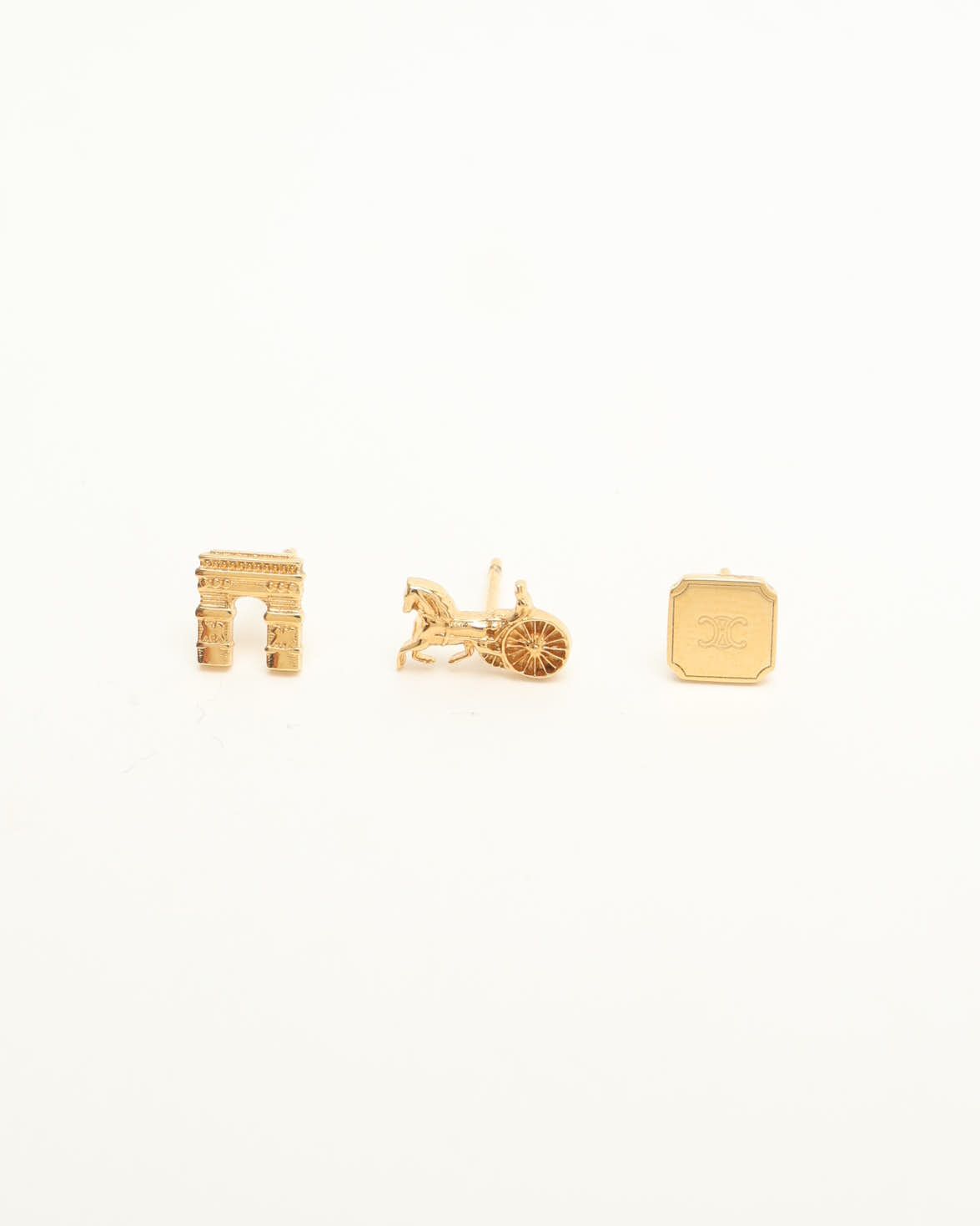 Celine Céline 3-piece Set, Horse Carriage, Triomphe And Logo Earrings In Gold