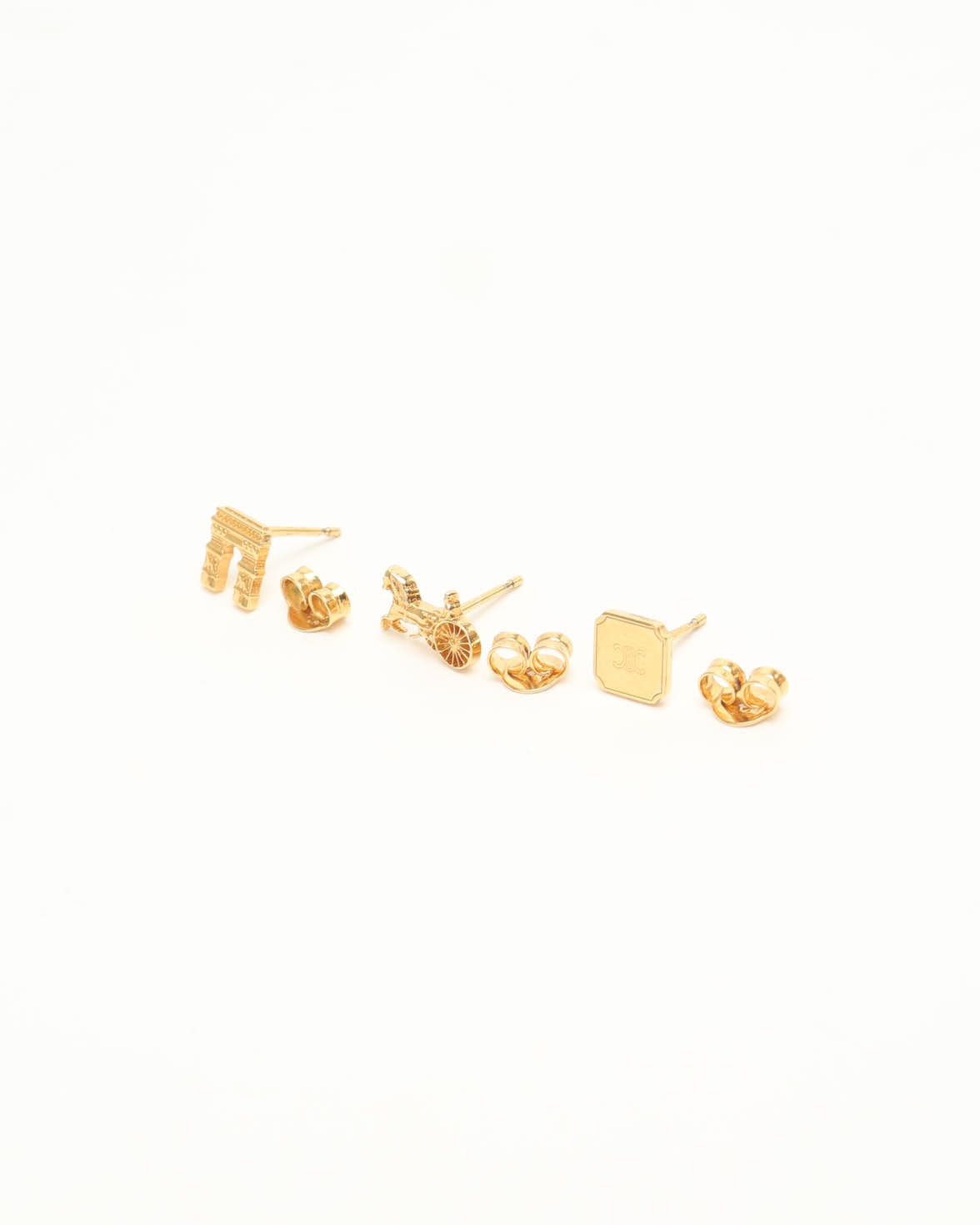 Celine Céline 3-piece Set, Horse Carriage, Triomphe And Logo Earrings In Gold