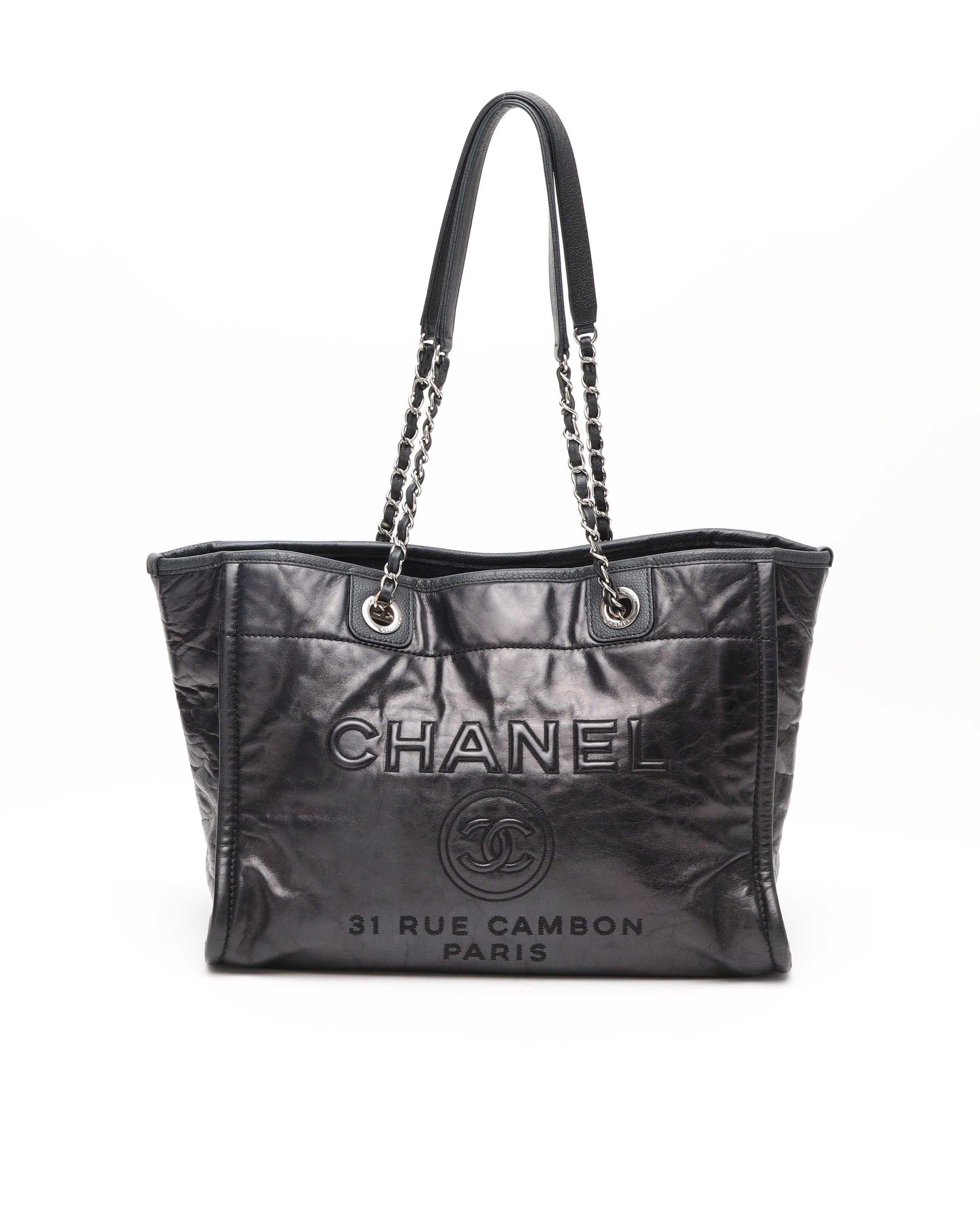 Pre-owned Chanel Deauville Mm Tote Bag In Black