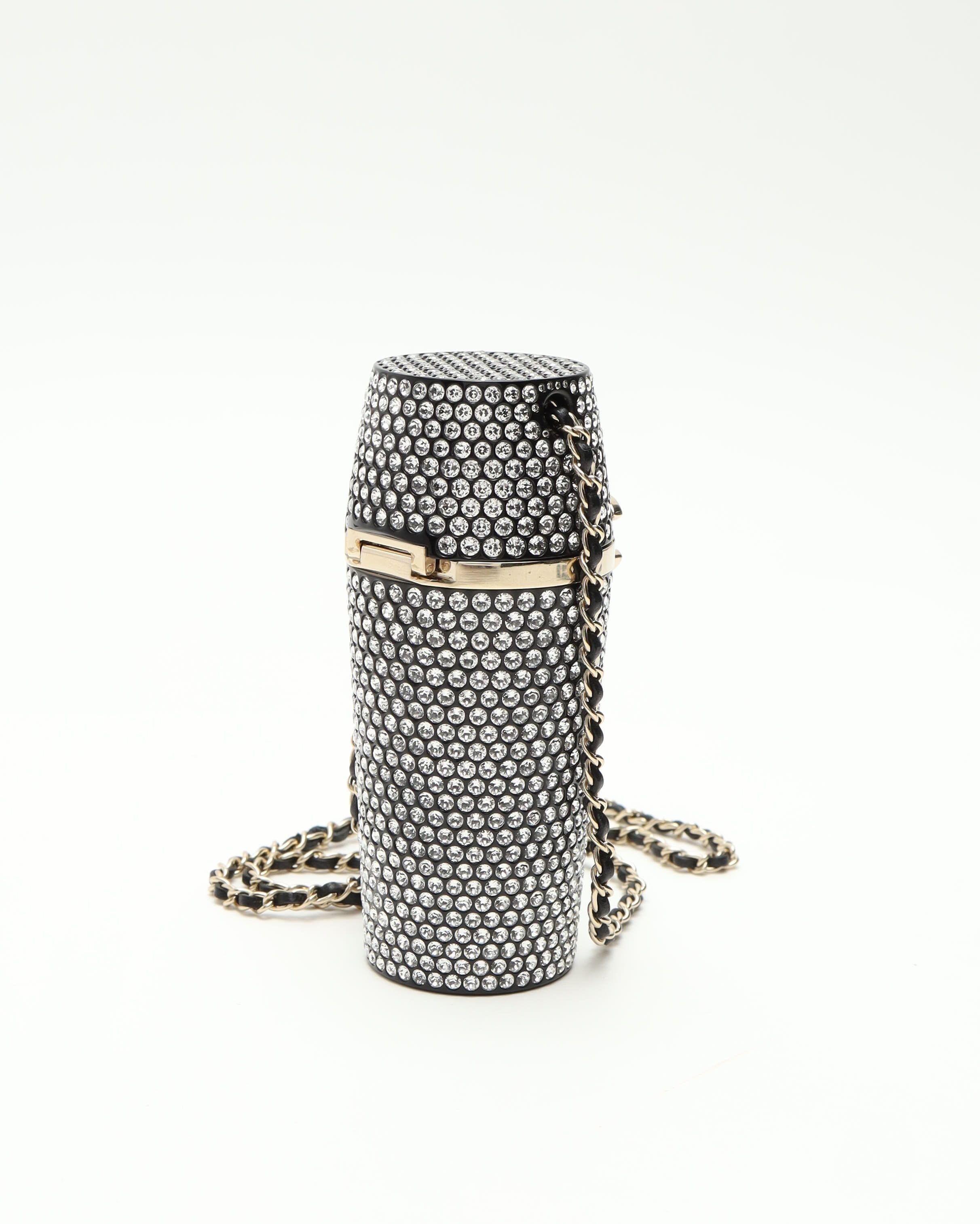 Pre-owned Chanel Rhinestone Embellished Lipstick Case On Chain In Black
