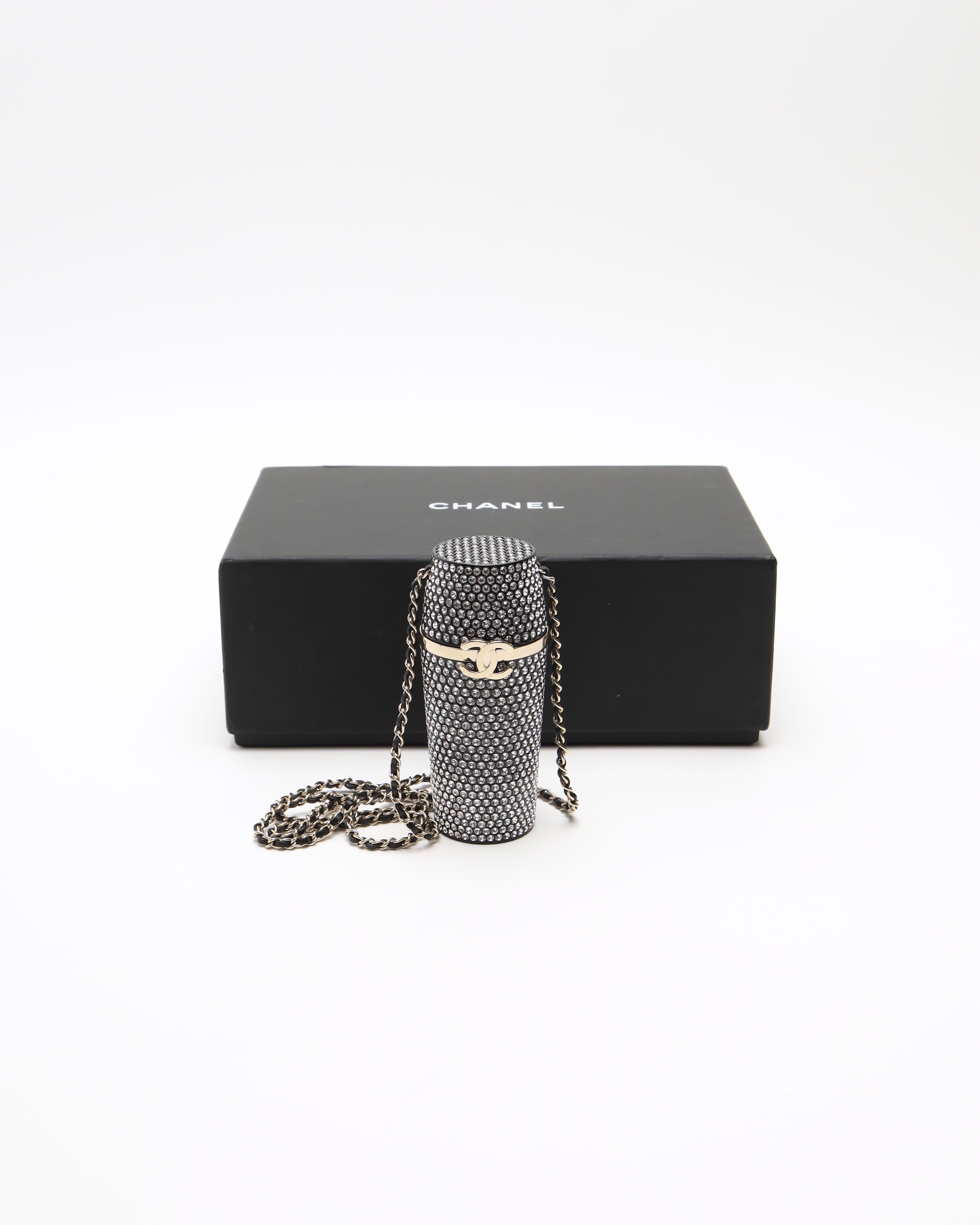 Pre-owned Chanel Rhinestone Embellished Lipstick Case On Chain In Black